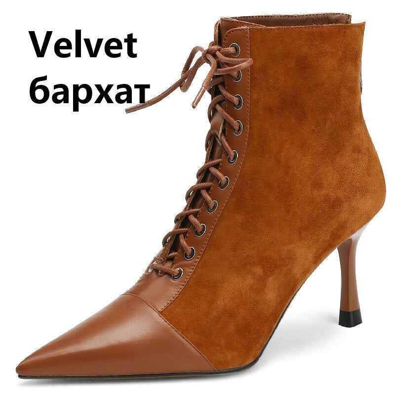 Mature Elegant Women Ankle Boots Pointed Toe Thin High Heels Female Office Genuine Leather Cross-Tied Shoes Woman