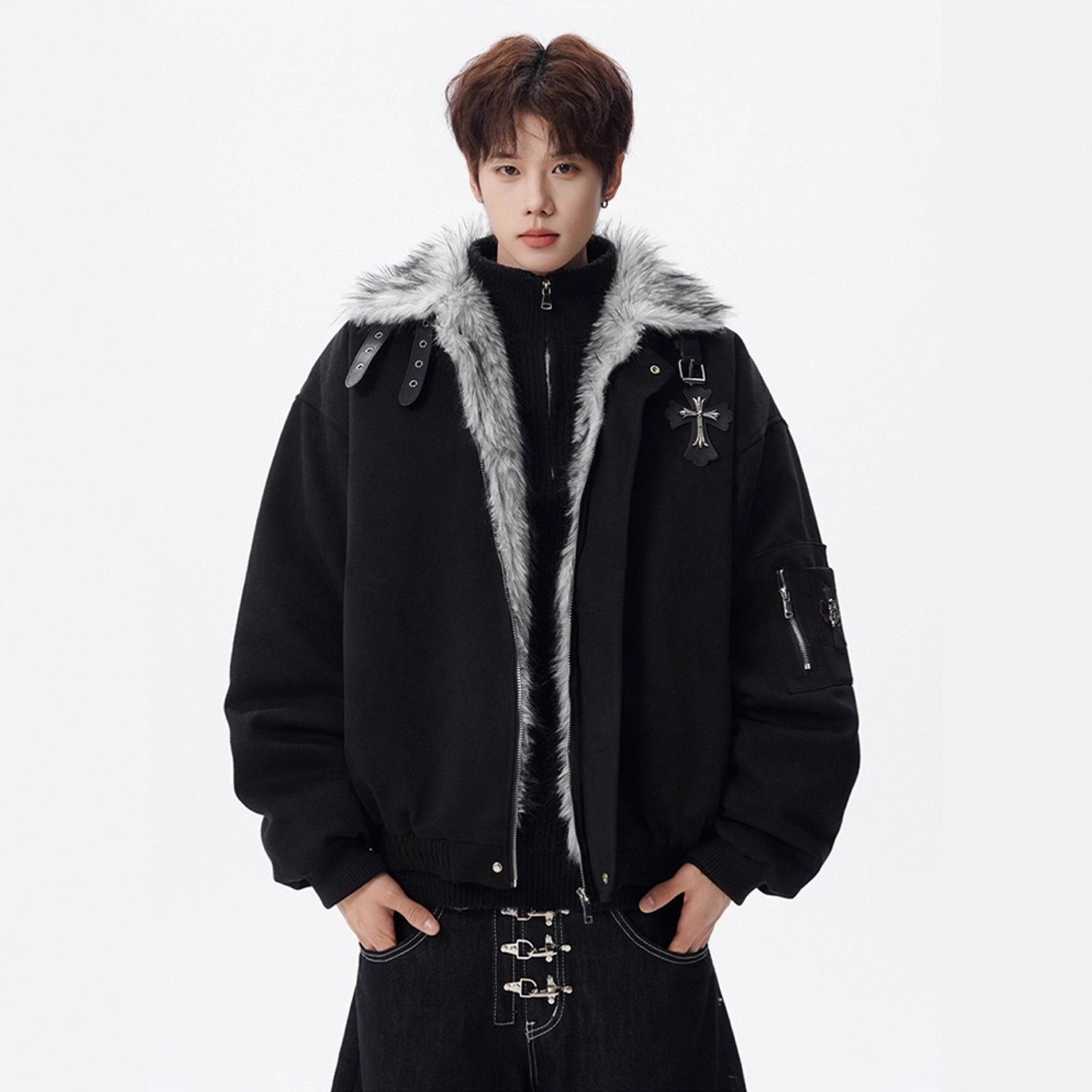 Cross Mountain Eagle Fur-Collar Cotton Coat for Men, Winter Fleece-Lined Thick Warm Cotton Jacket, High-End Style