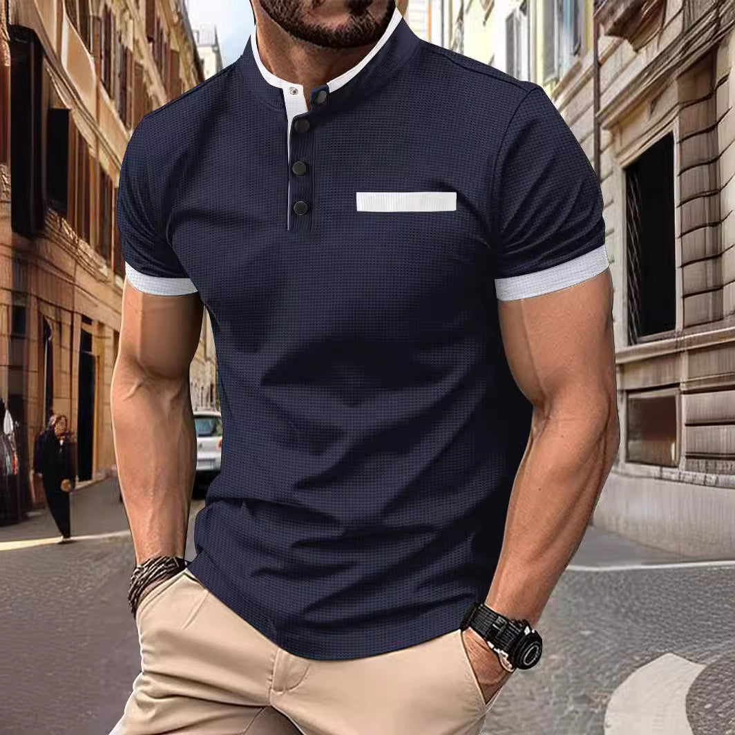 POLO Men's Checkered Stand Collar Polo Shirt