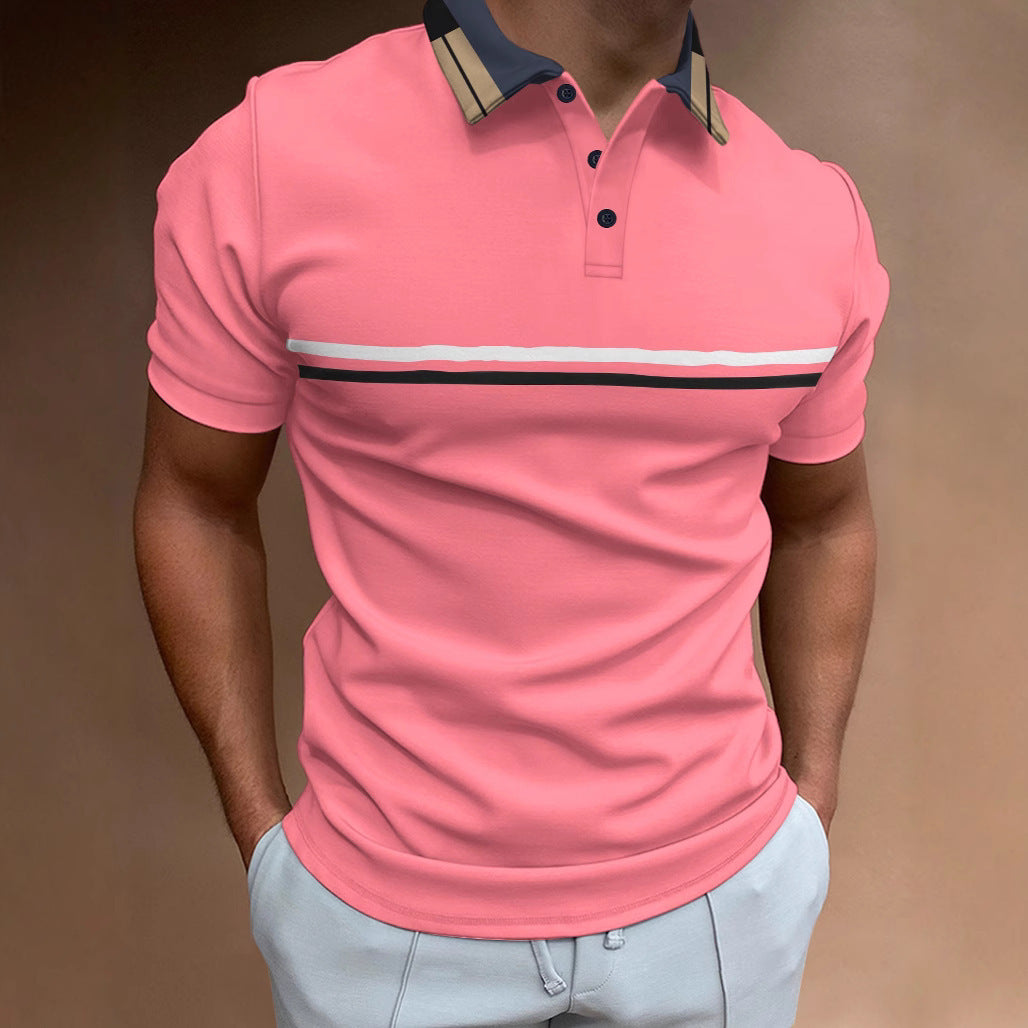 Polo shirt button up striped men's sports polo shirt with threaded collar top