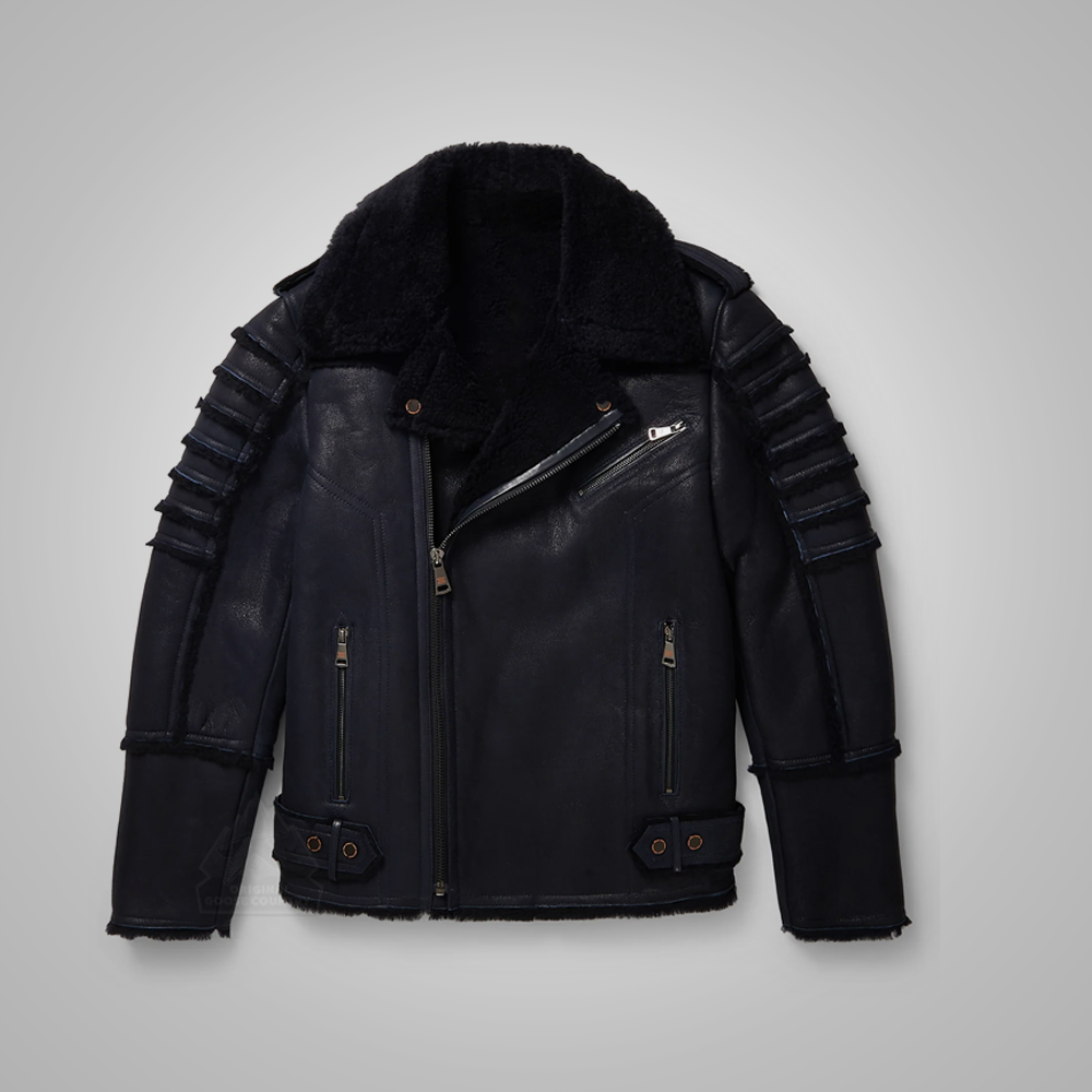 New Men’s Black RAF Flying Shearling Sheepskin Moto Leather Jacket
