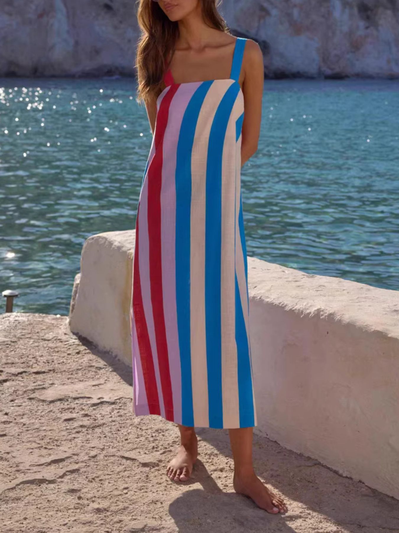 Striped Wide Strap Midi Dress