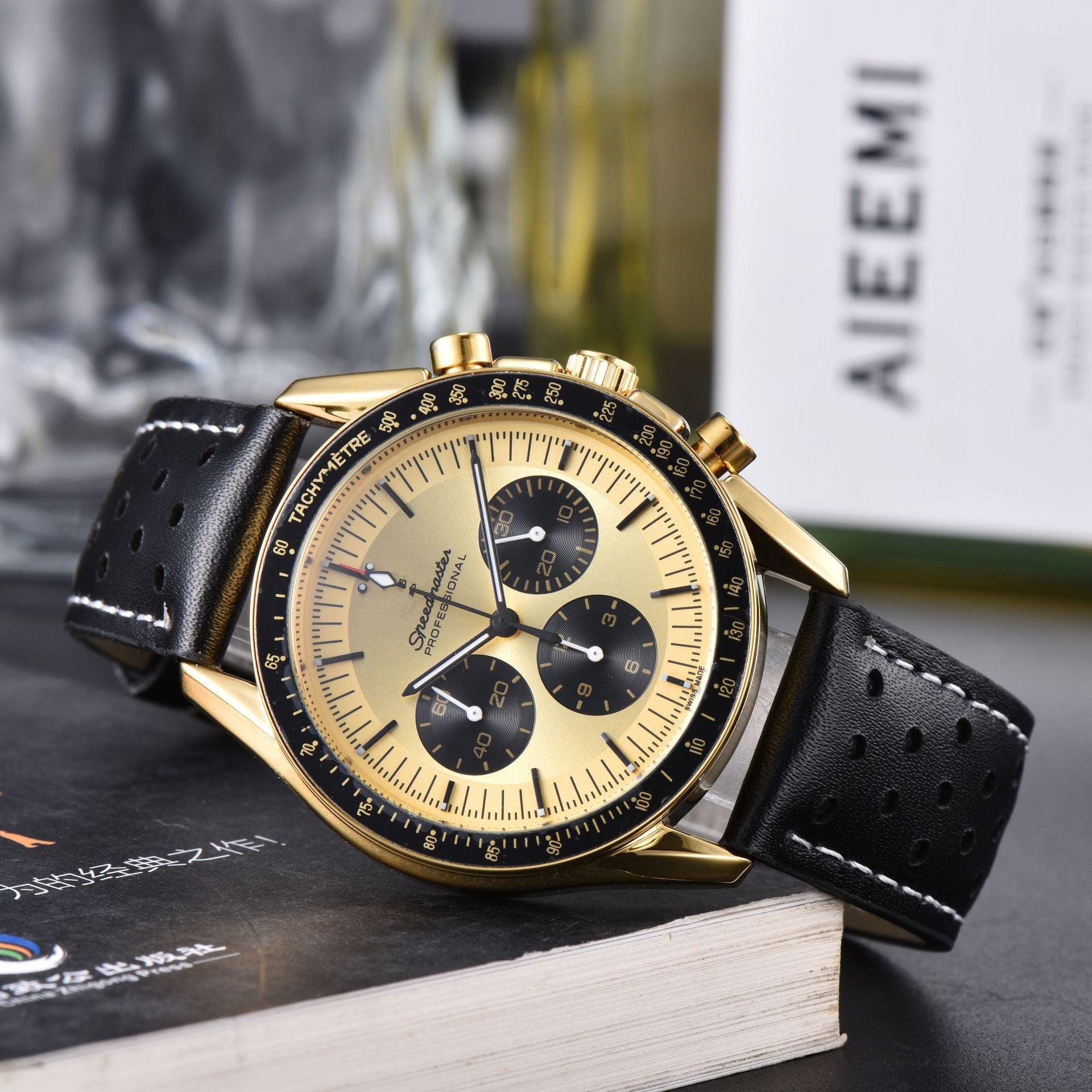 Business Mens 6-Hand Leather-Band Multi-Function Quartz Watch