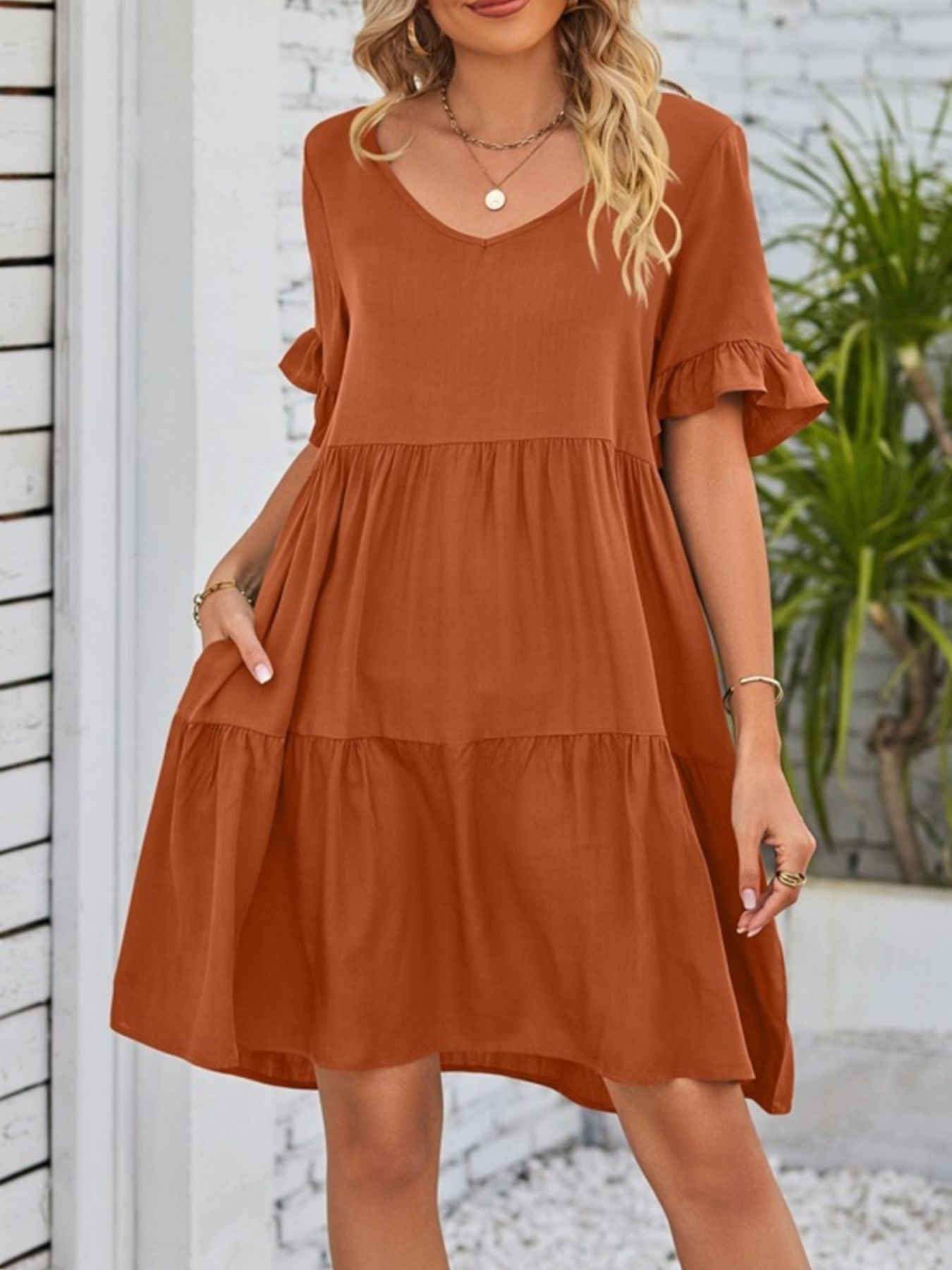 Ruffled Sleeve Tiered Mini Dress