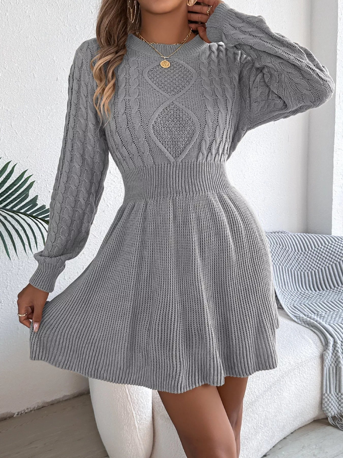 Cable Knit Long Sleeve Sweater Dress