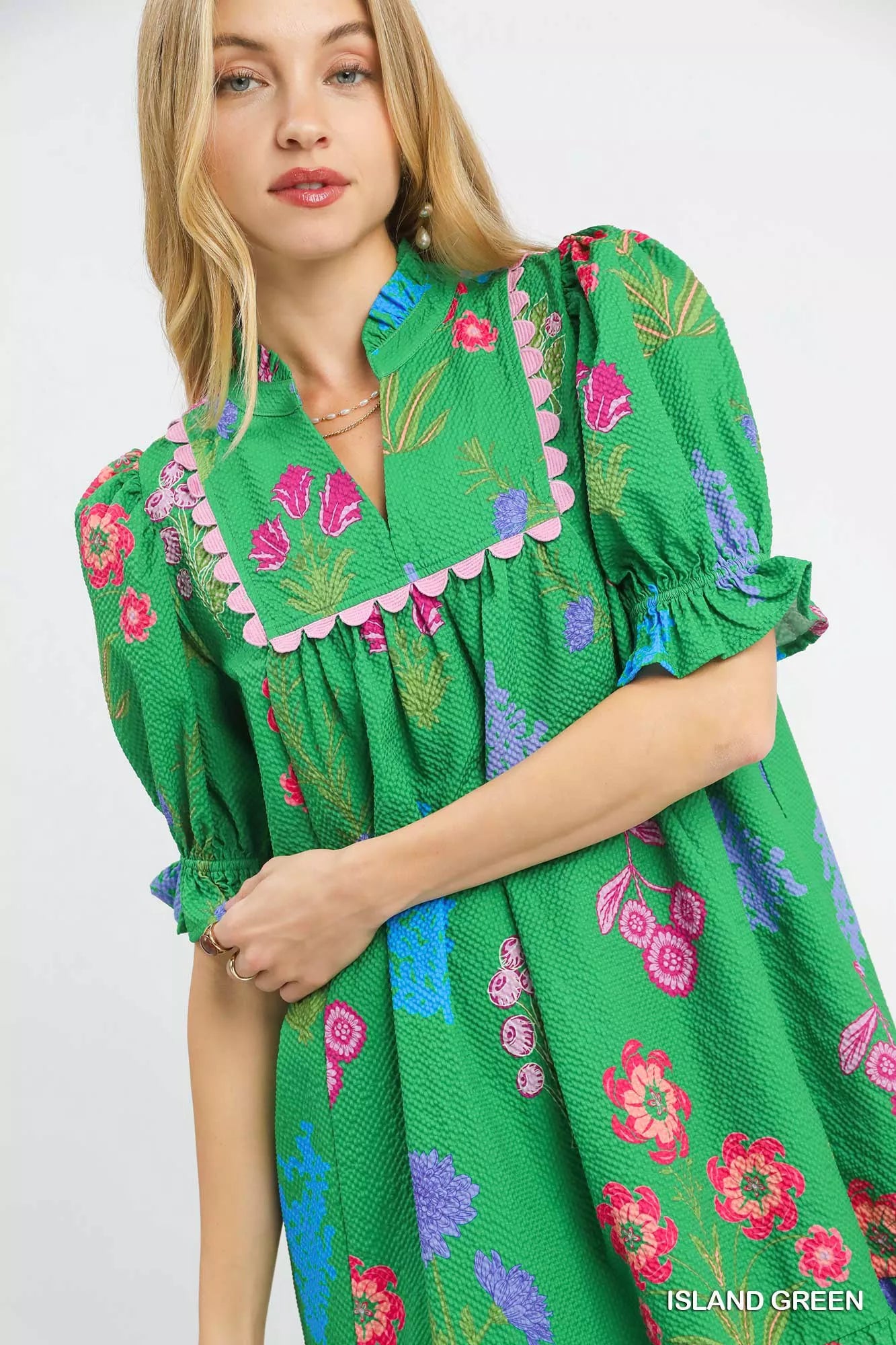 Umgee Multi Flower Print V-Neck Dress