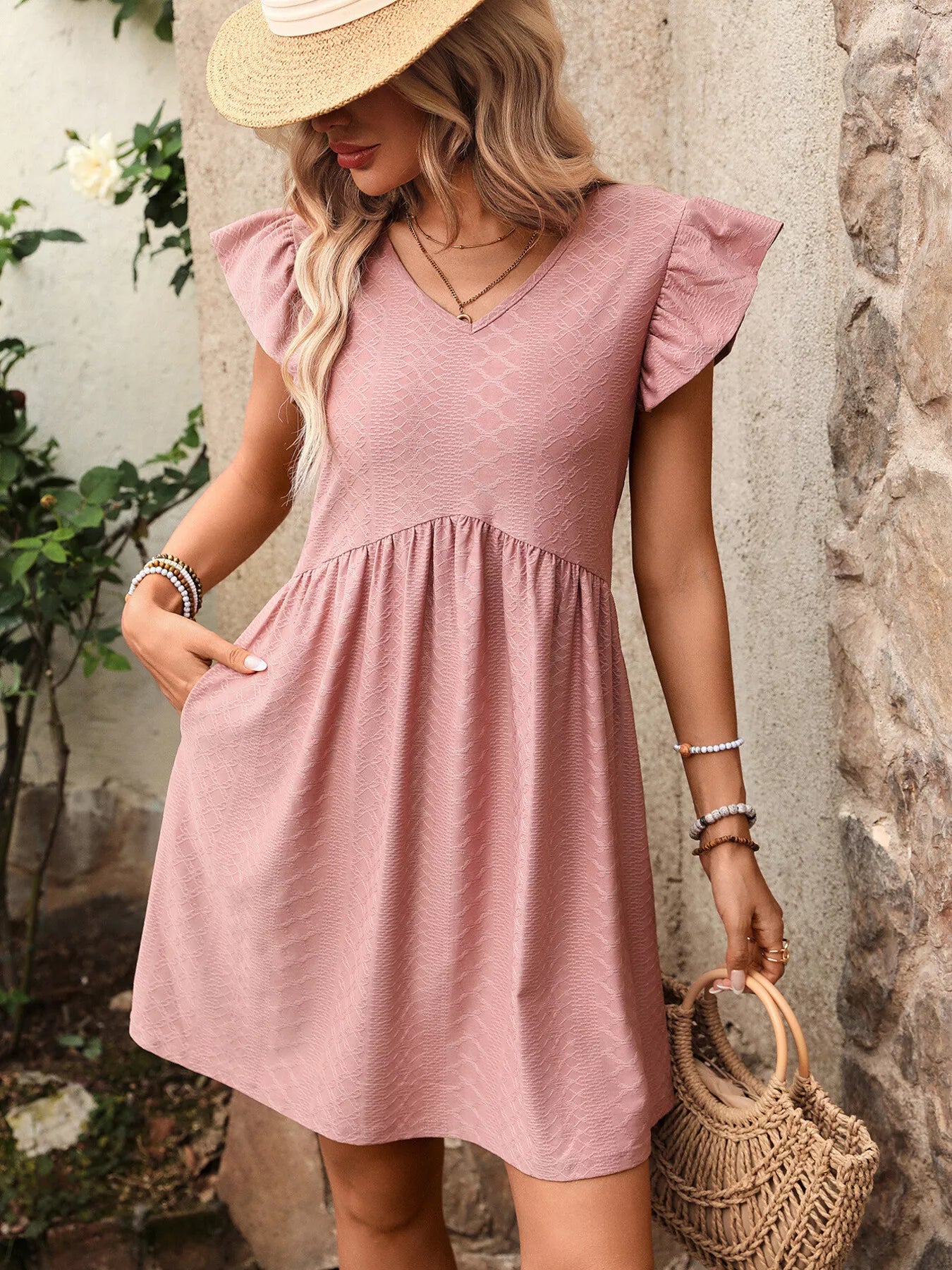 Ruffle Sleeve V-Neck A-Line Dress