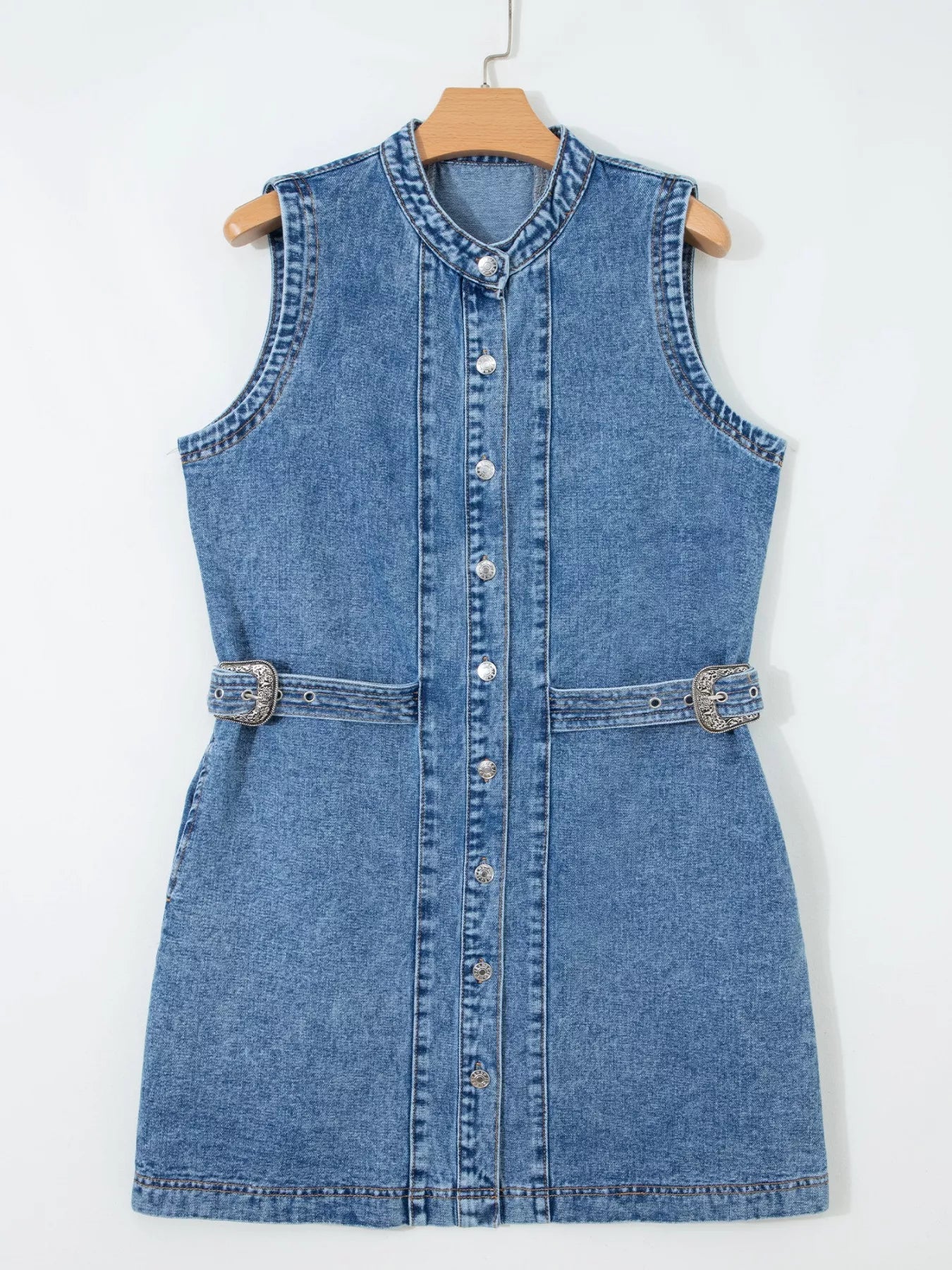Western Belt Button Down Sleeveless Denim Short Dress