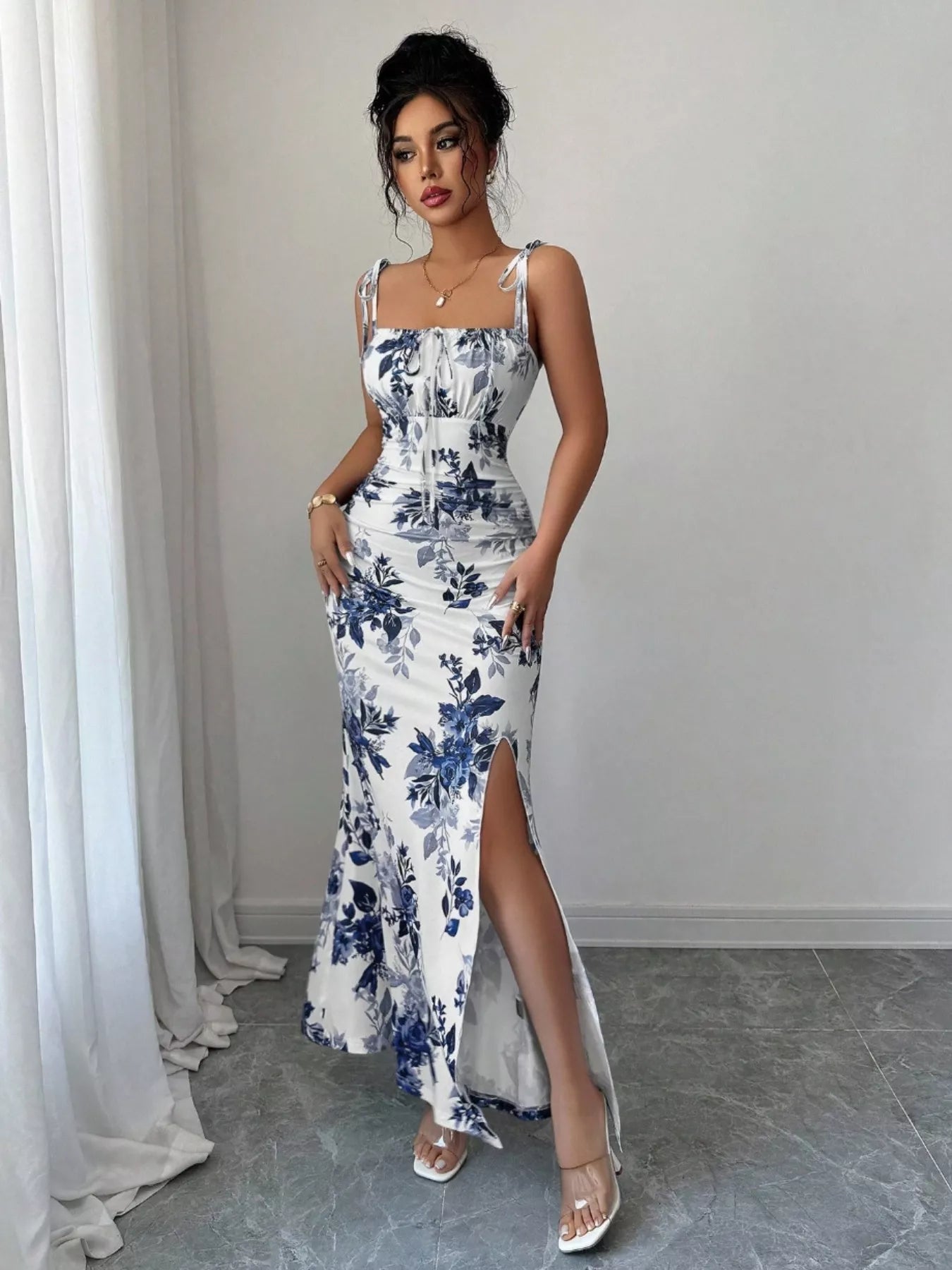 Printed Tie Strap Slit Maxi Dress
