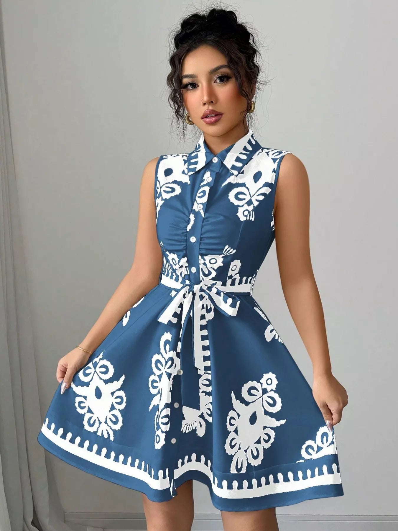 Sleeveless Ruched Printed Tie Waist Dress