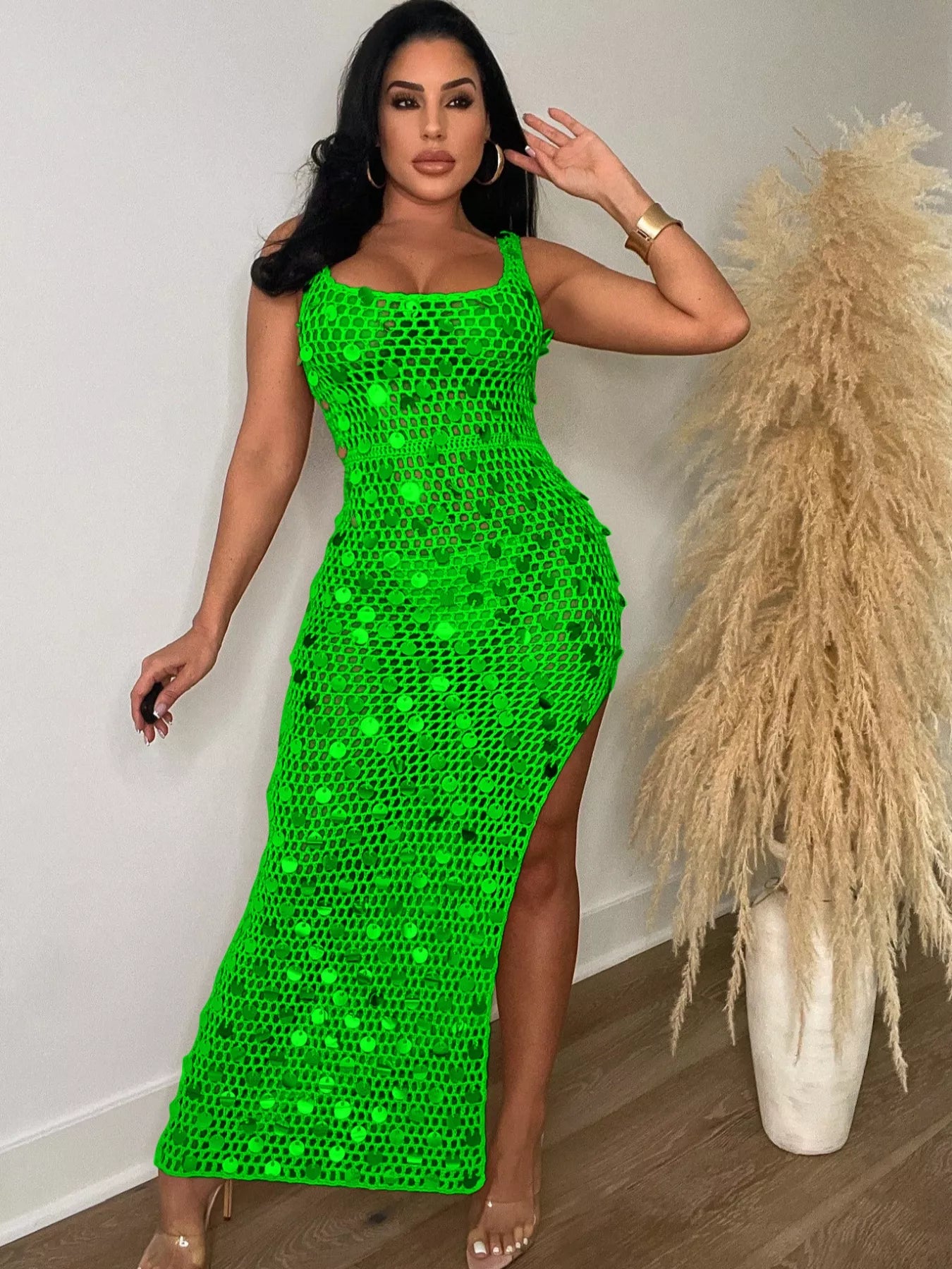 Sequin Embellished Crochet Maxi Dress with High Slit