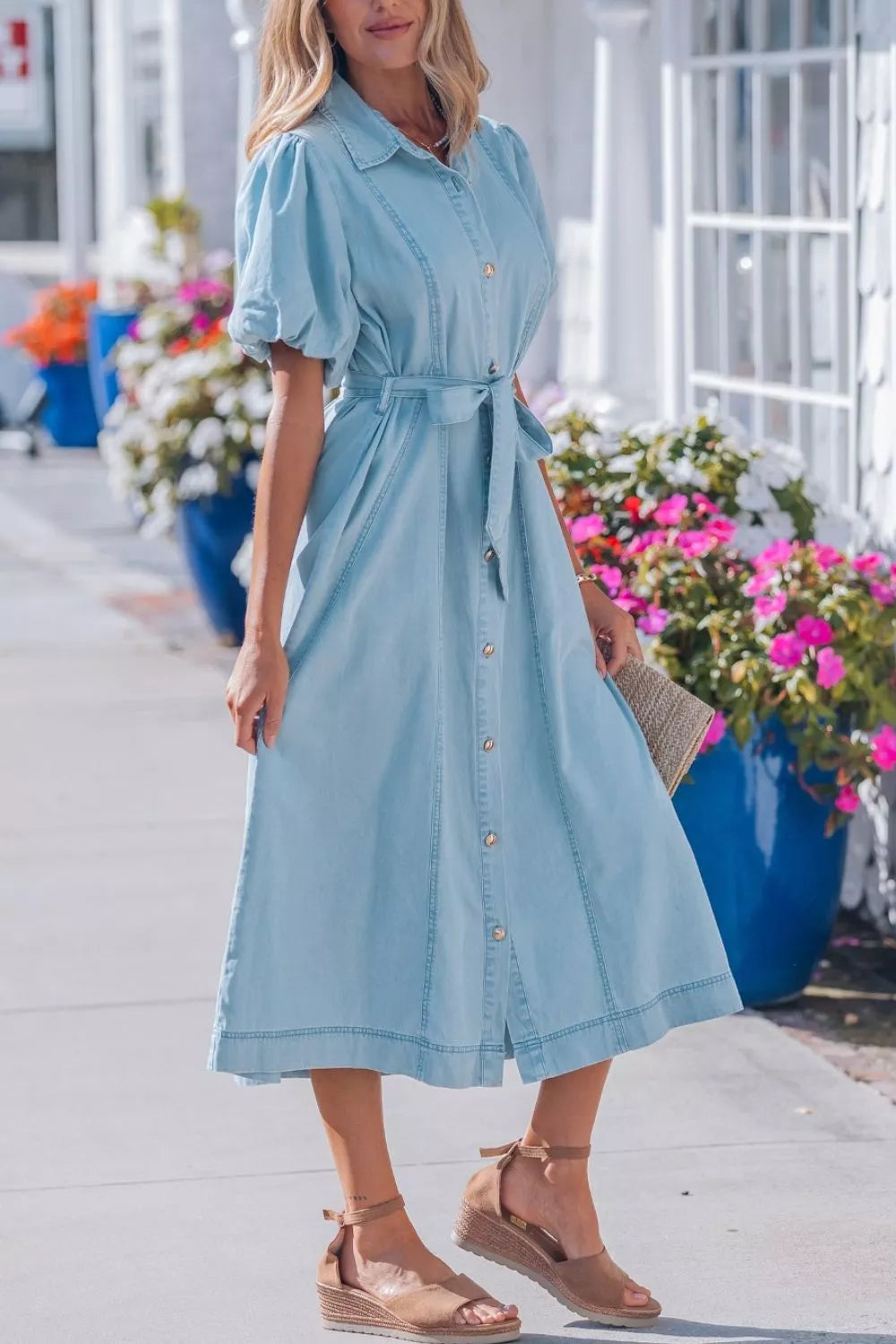 Full Buttons Collared Short Bubble Sleeve Long Denim Dress