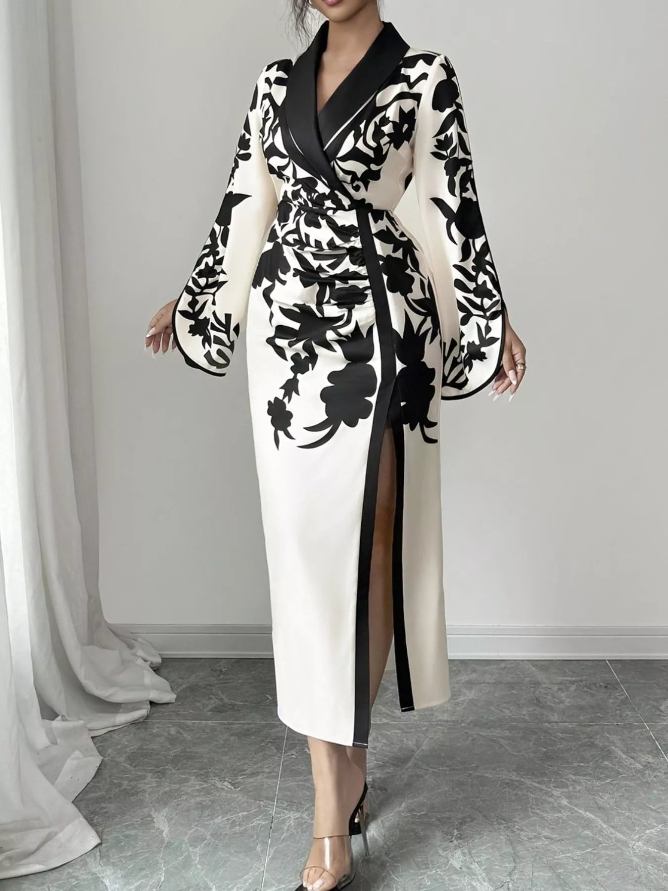 Slit Long Sleeve Wrap Midi Dress