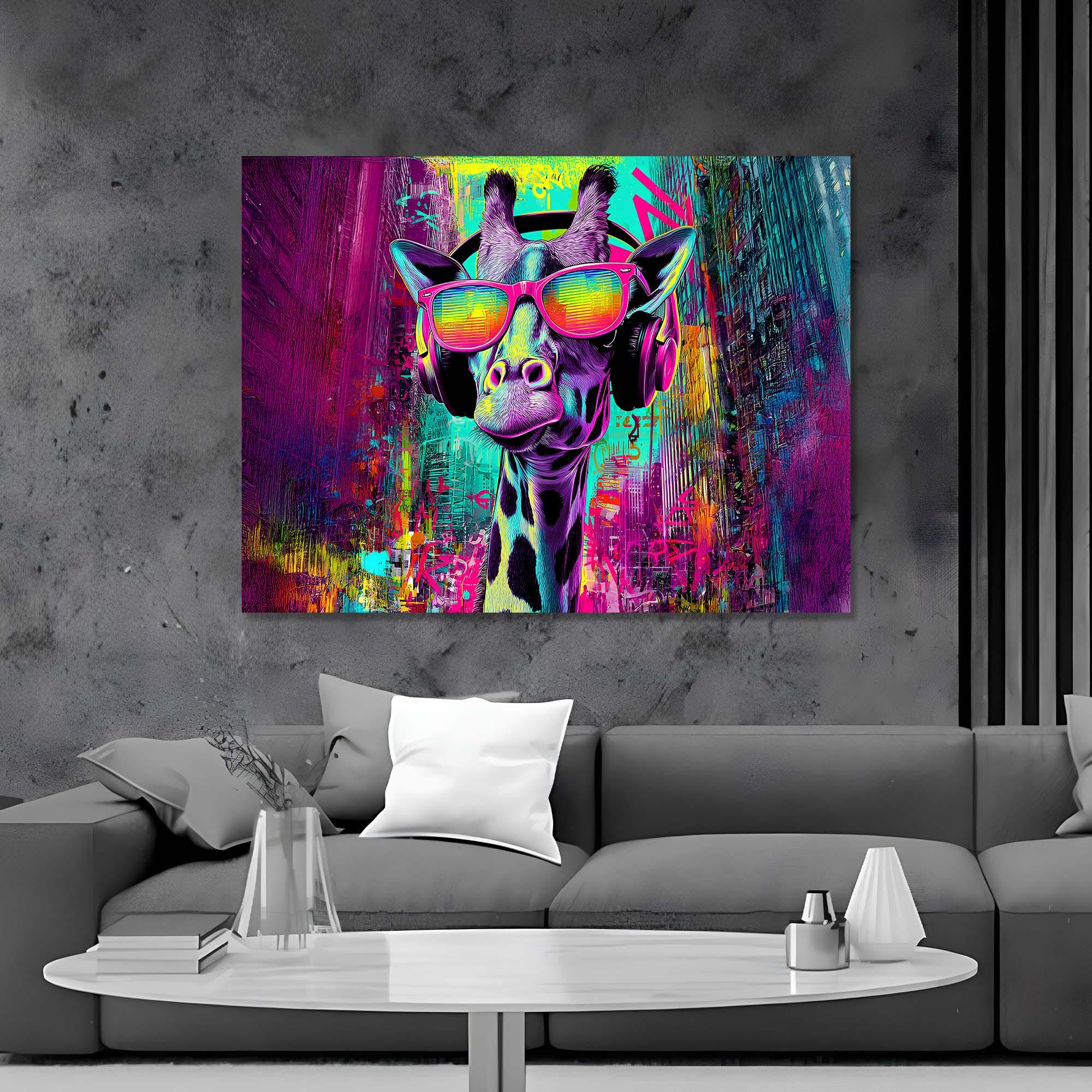 Urban Giraffe with Headphones Tempered Glass Wall Art | Colorful Graffiti Pop Wall Art | Modern Wall Decor