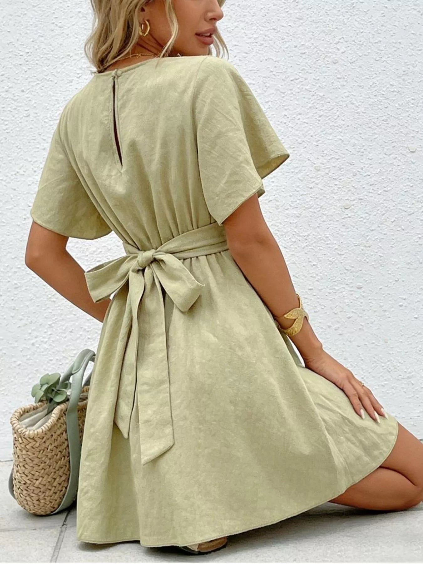 Twist Waist Flutter Sleeve Mini Dress