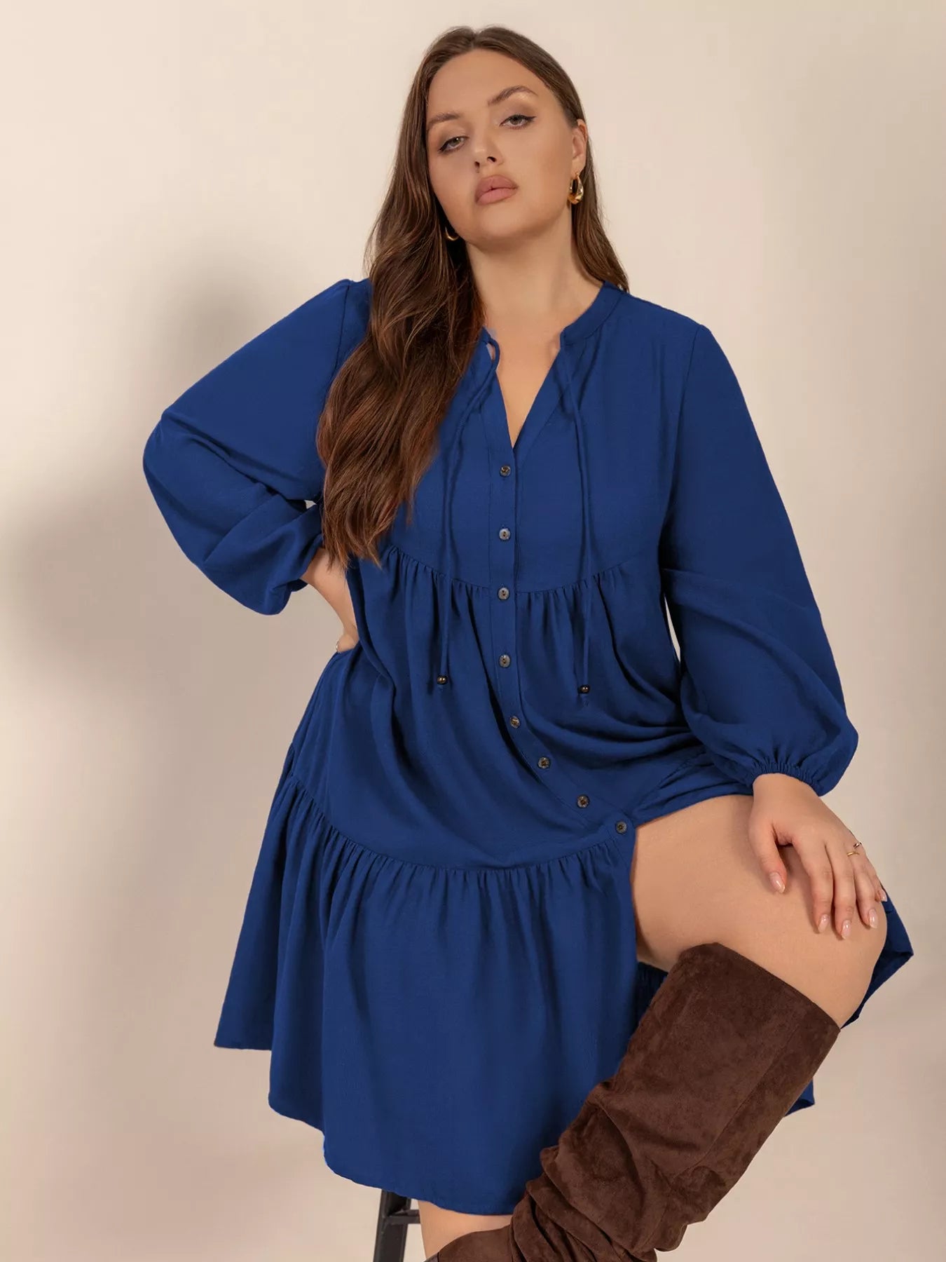 Plus Size Tie Neck Balloon Sleeve Dress