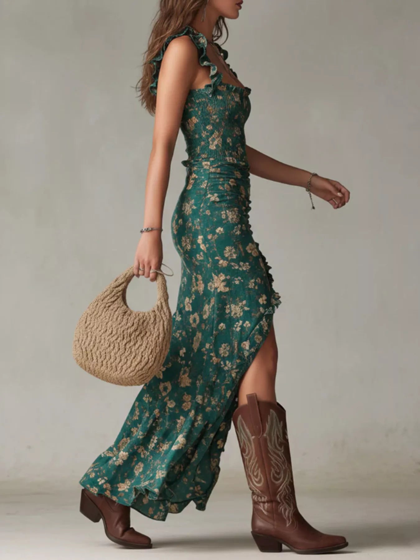 Floral Ruched Slit Maxi Dress