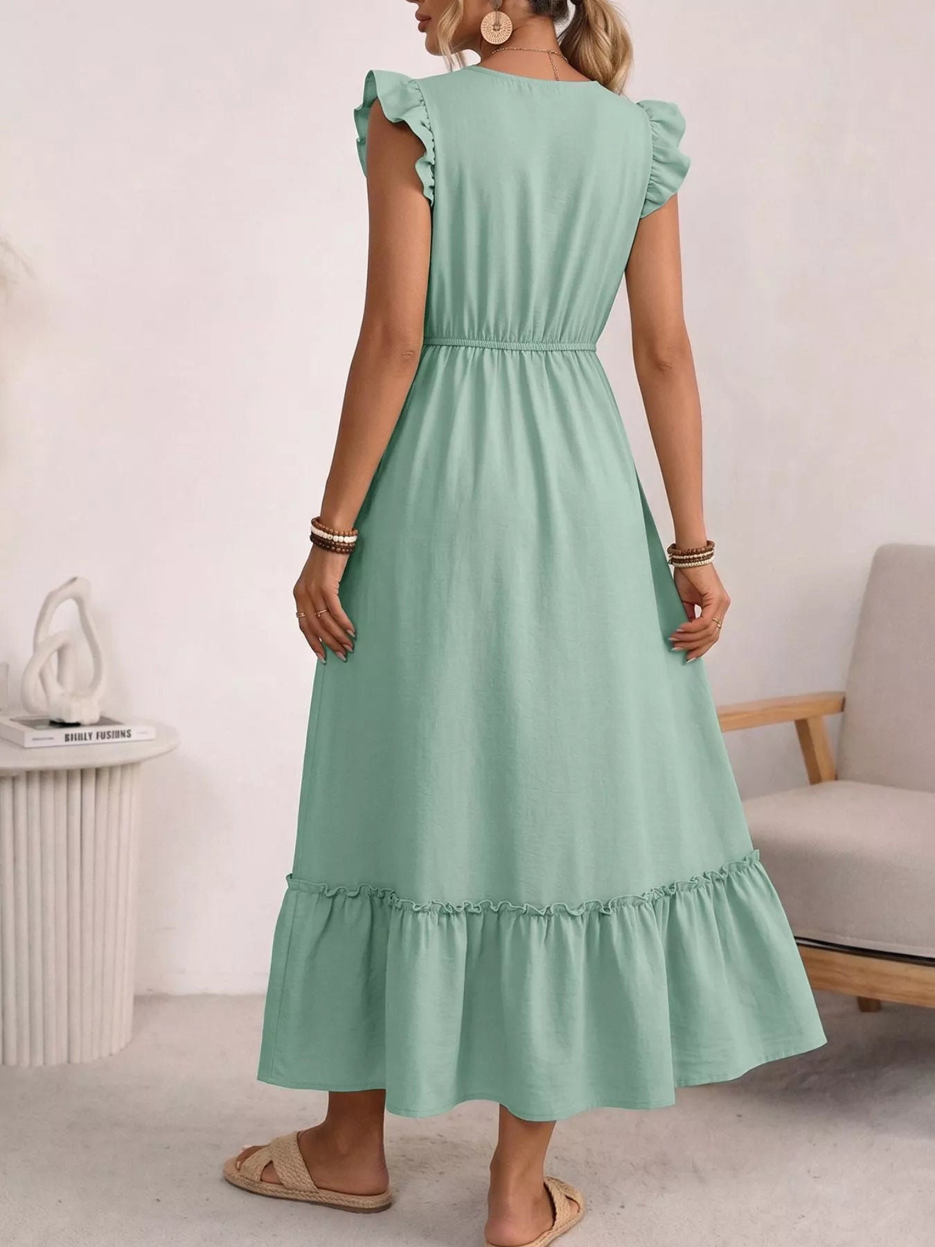 Tie Neck Ruffle Sleeve Maxi Dress