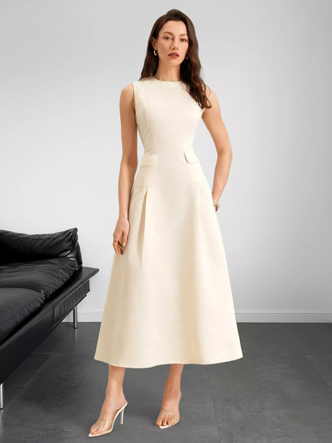 Sleeveless A-Line Midi Dress with Pockets