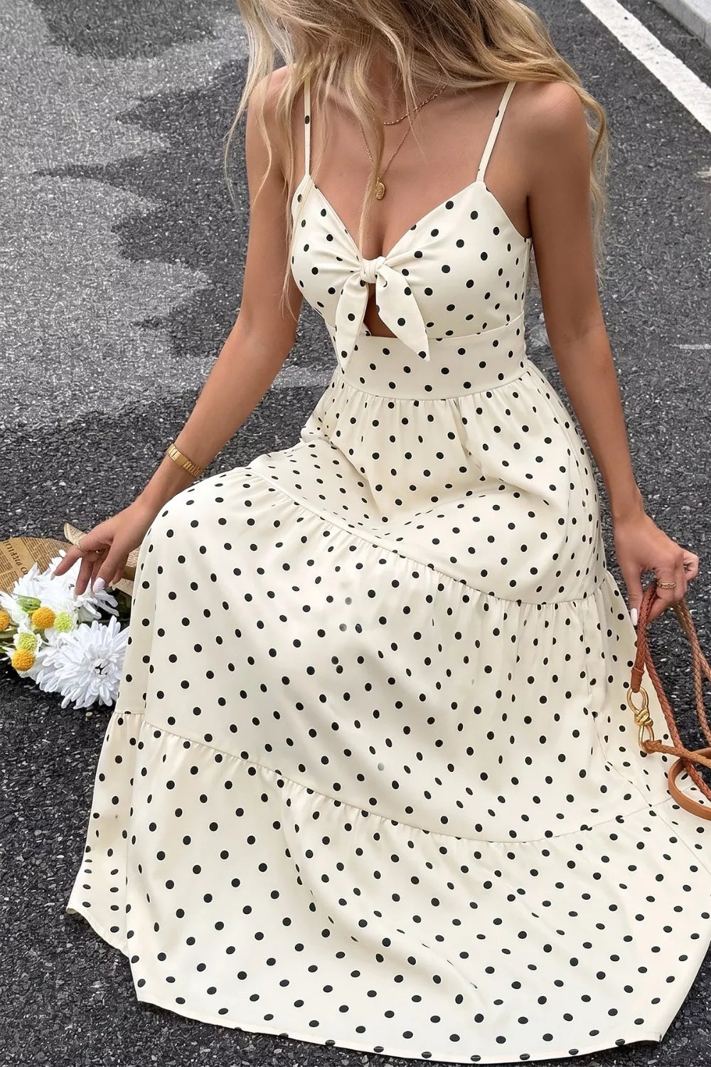 Polka Dot Tie-Front Cutout Maxi Dress
