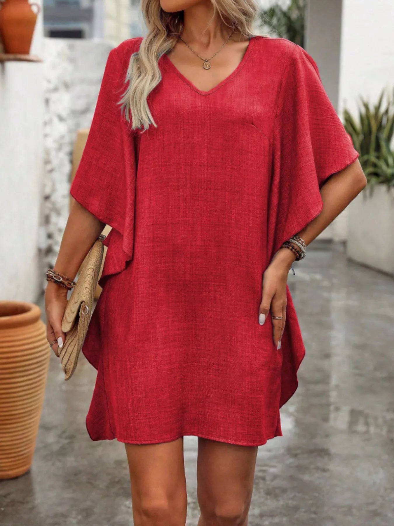 Flowy Sleeve V-Neck Casual Mini Dress
