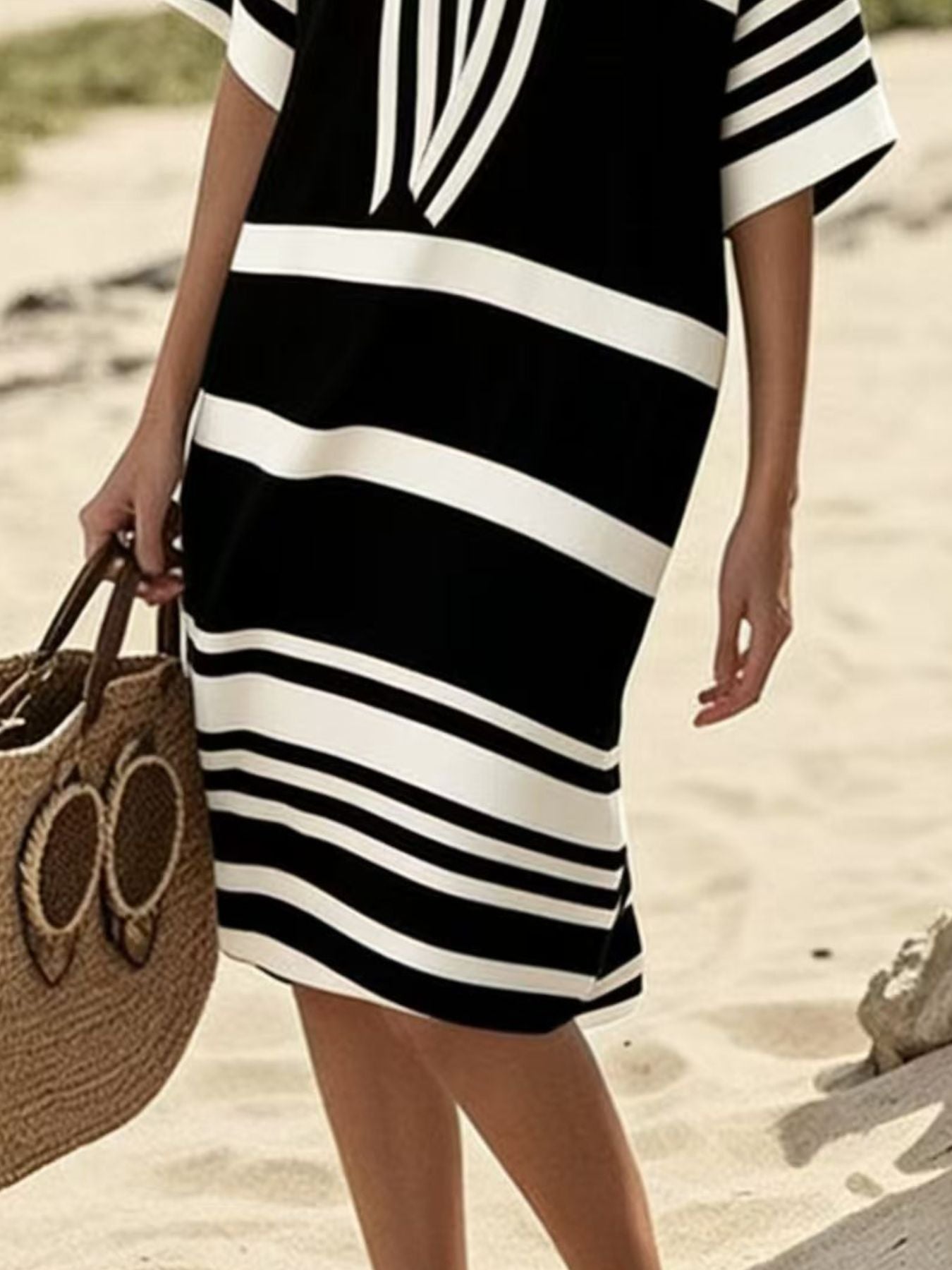Full Size Striped Half Sleeve Midi Dress Plus Size
