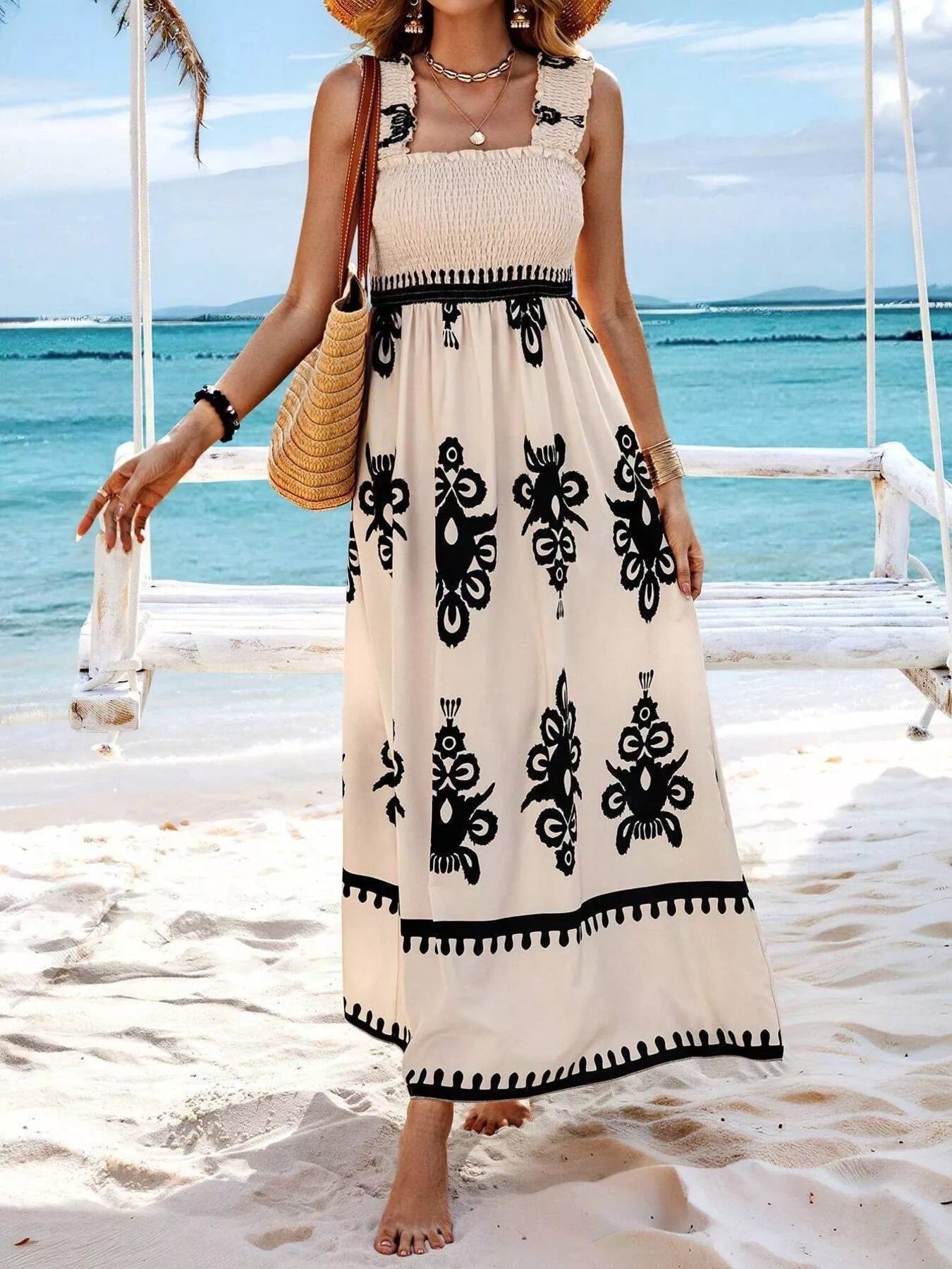 Smocked Printed Square Neck Maxi Dress