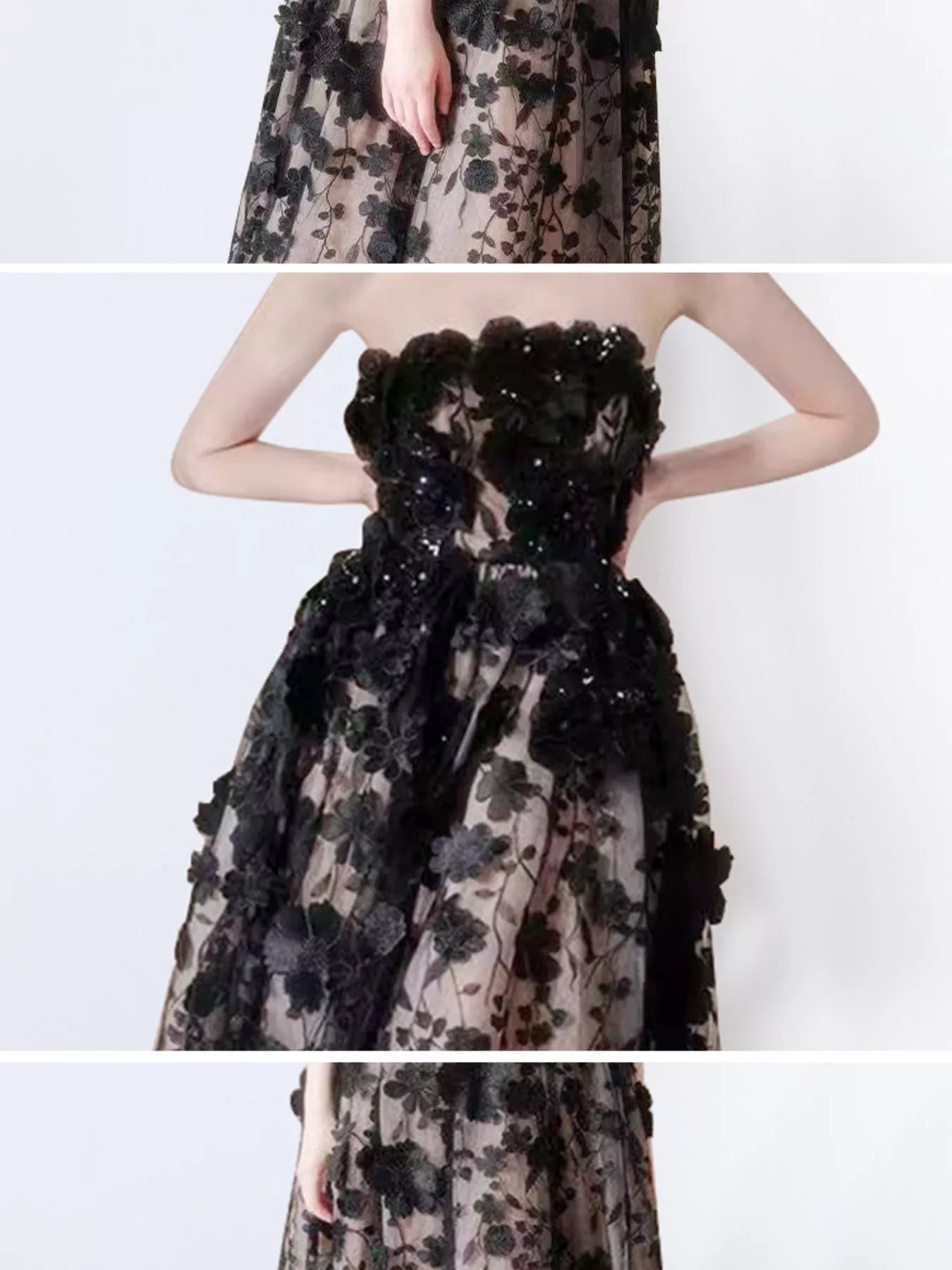 Strapless Floral Applique Midi Dress