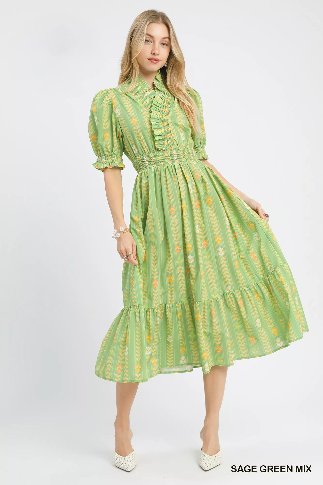 Umgee Vibrant Ruffle Smocked Midi Dress