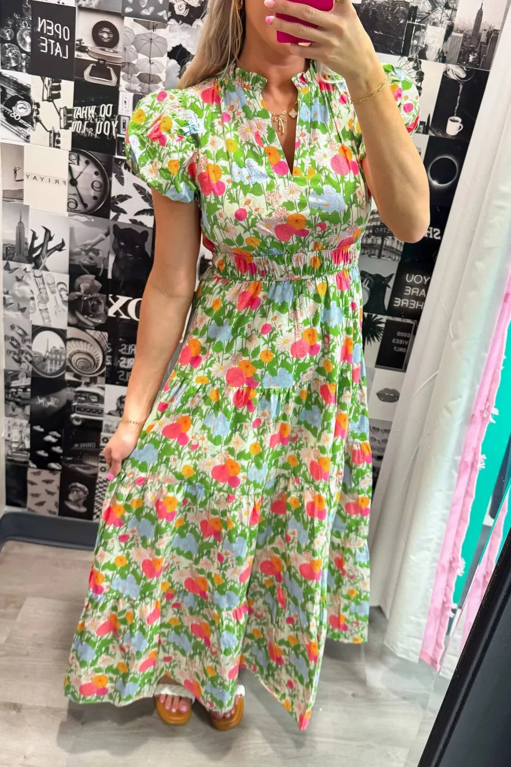 Floral Print V Neck Short Puff Sleeve Cotton Maxi Dress