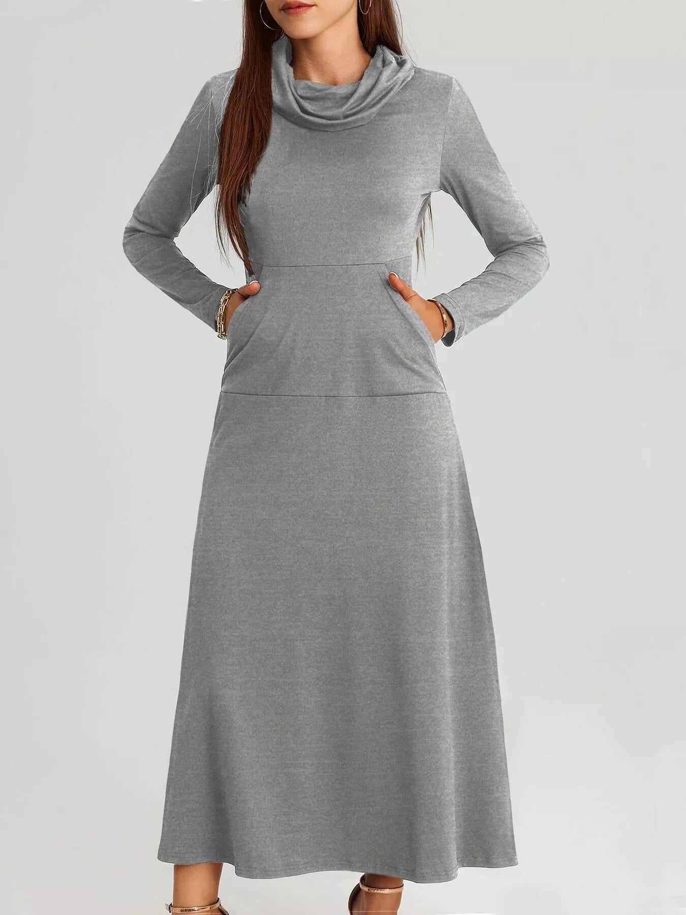 Cowl Neck Long Sleeve Midi Dress