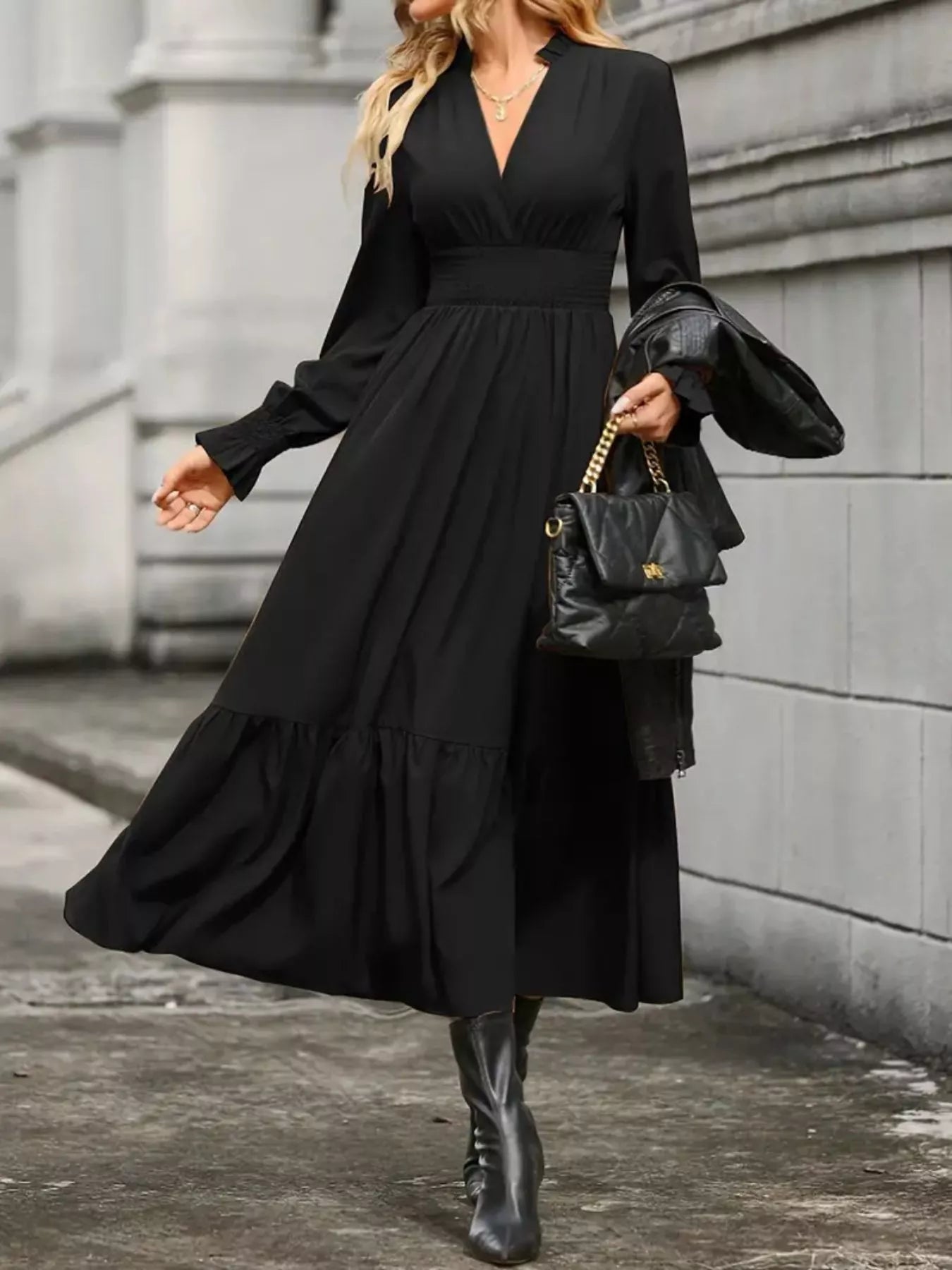 Surplice Long Sleeve Tiered Midi Dress