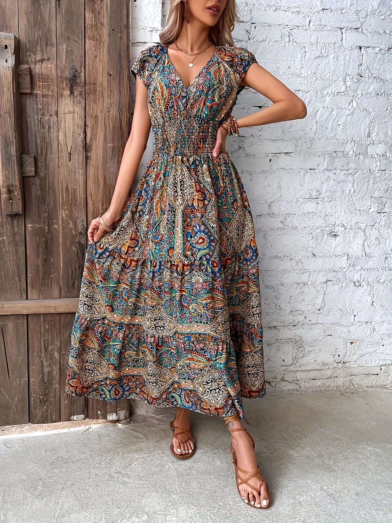 Paisley Print Cap Sleeve Maxi Dress