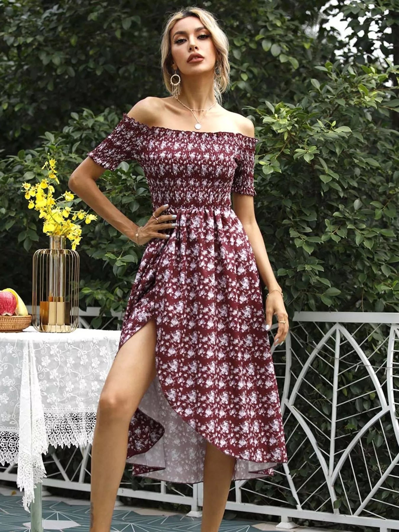 Off Shoulder Floral Slit Dress