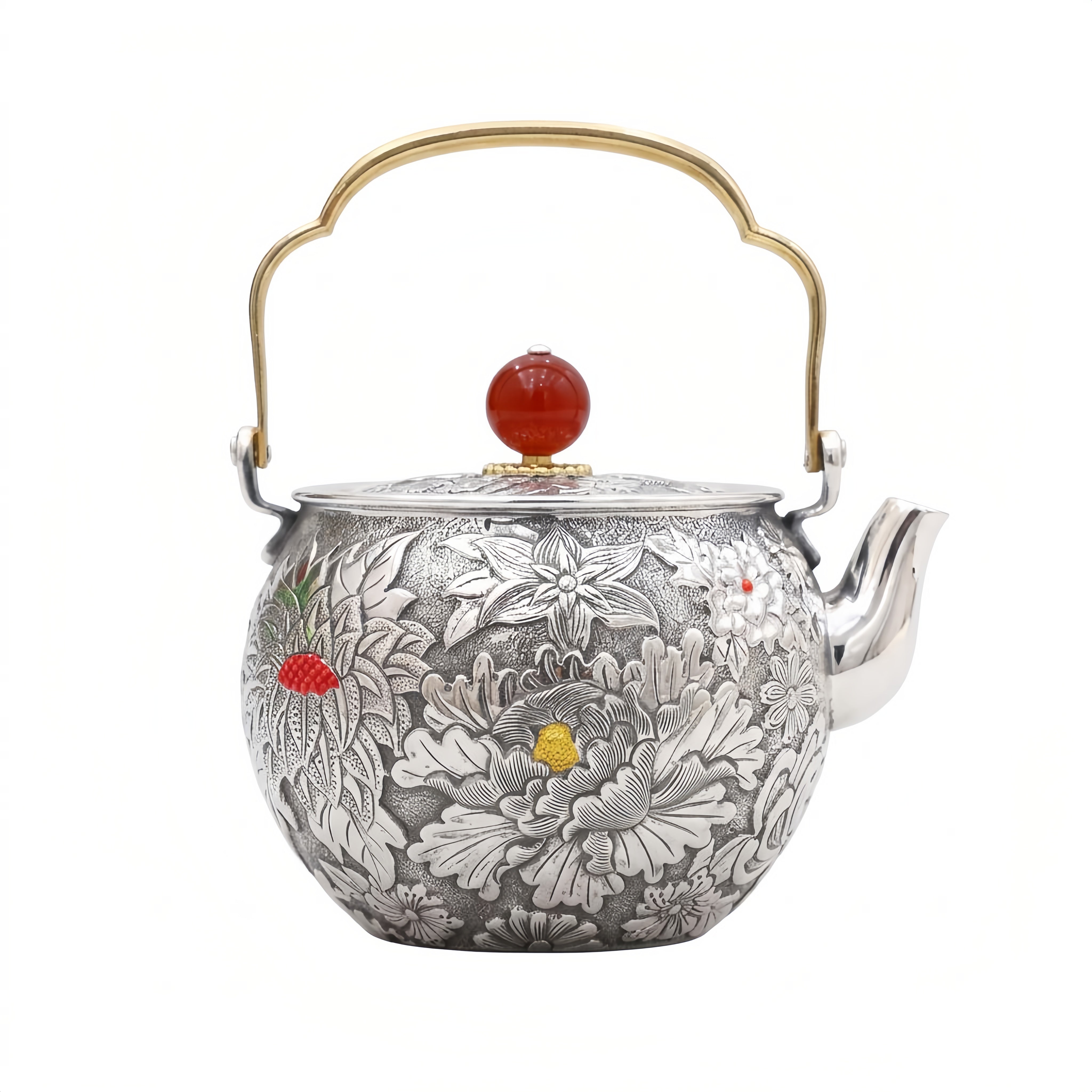 Pure 999 Fine Silver Ornate Handcrafted Silver Tea Kettle Featuring Detailed Floral Engravings and Red Gemstone Lid - Handicraft
