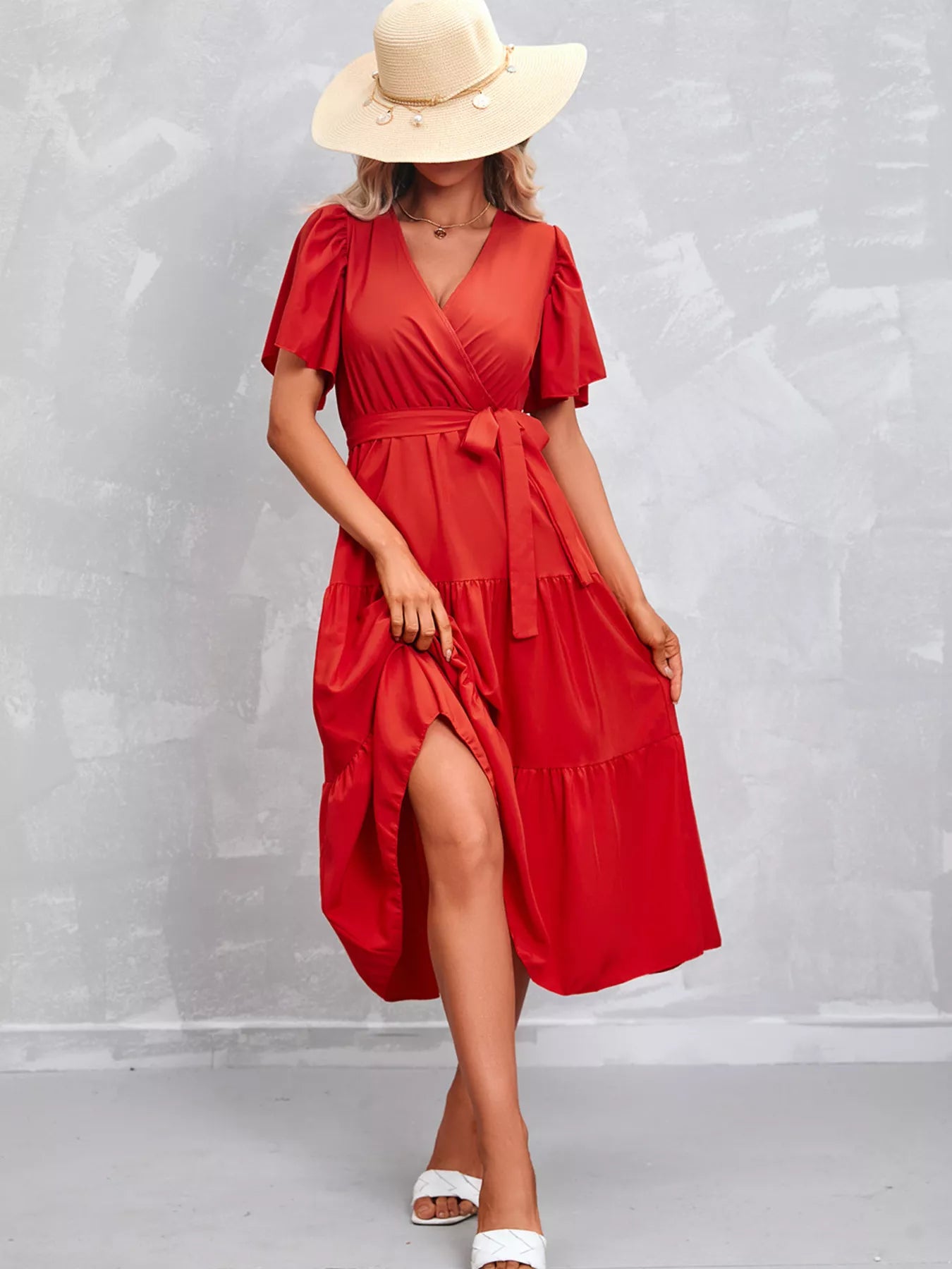 Flutter Sleeve Tiered Midi Dress