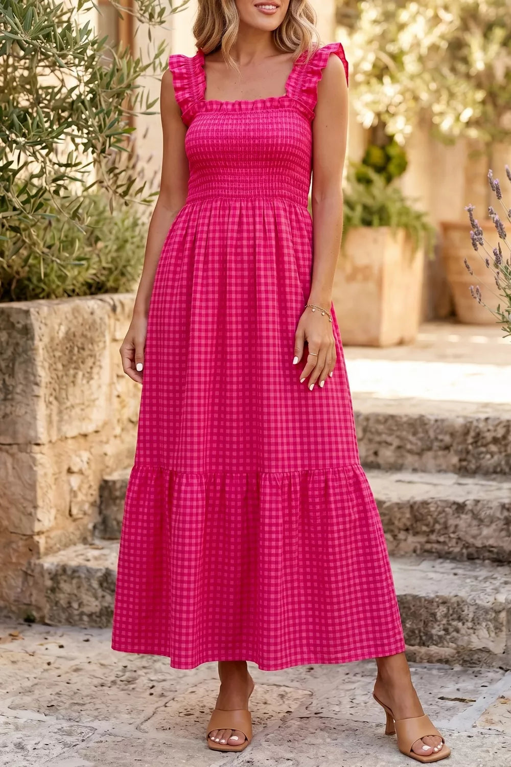 Plaid Square Neck Fit-and-flared Vacation Sundress