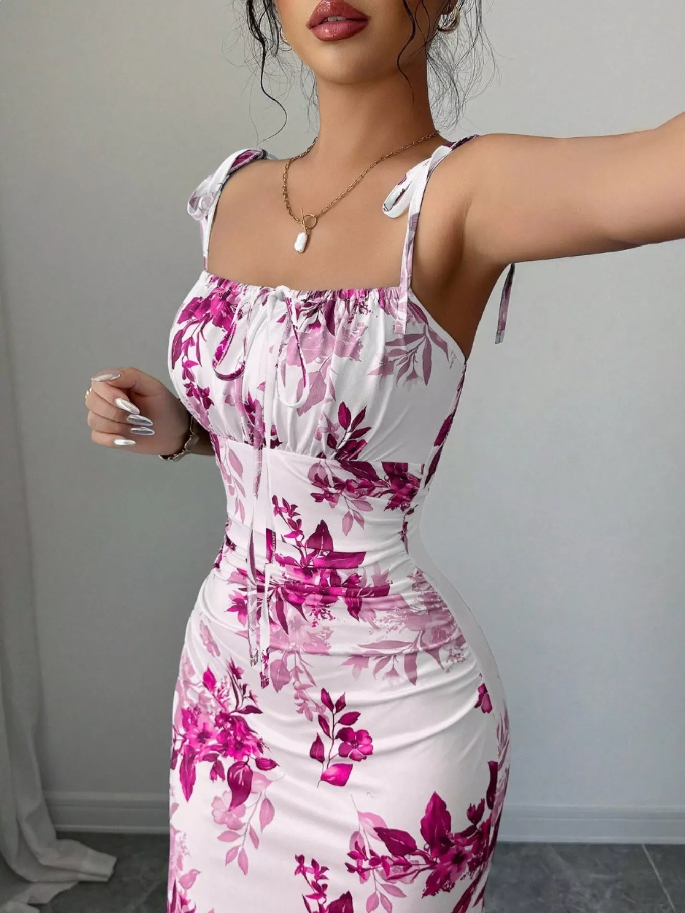 Printed Tie Strap Slit Maxi Dress
