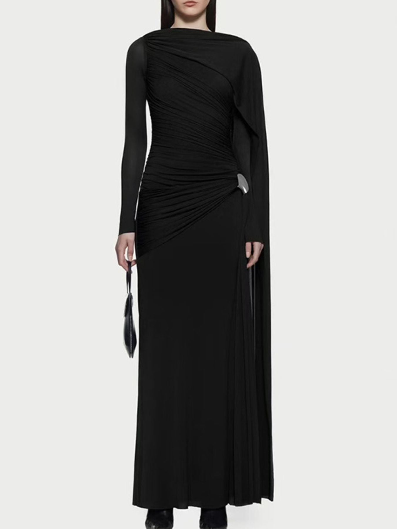 Ruched Draped Long Sleeve Maxi Dress