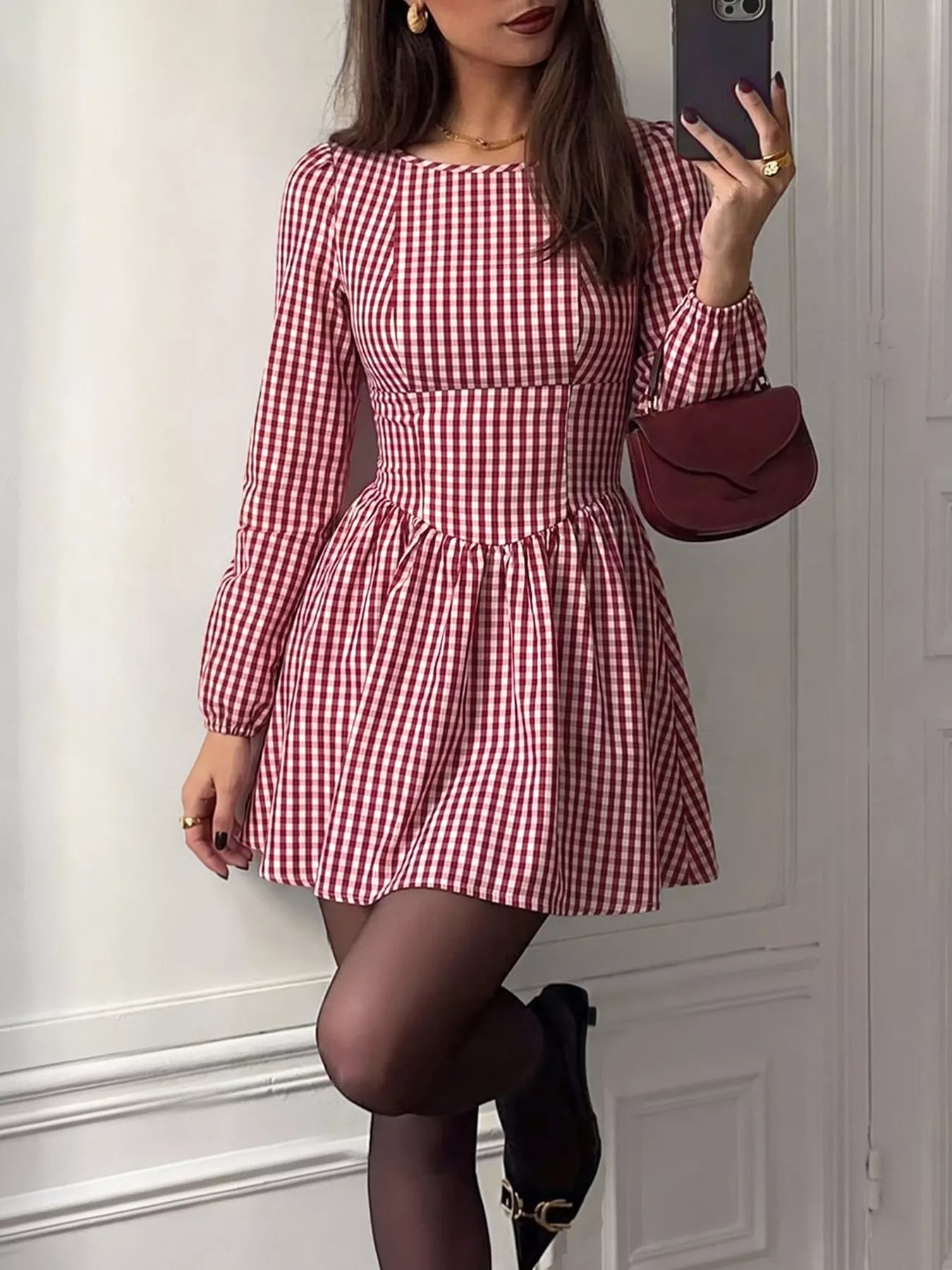 Backless Plaid Long Sleeve Dress