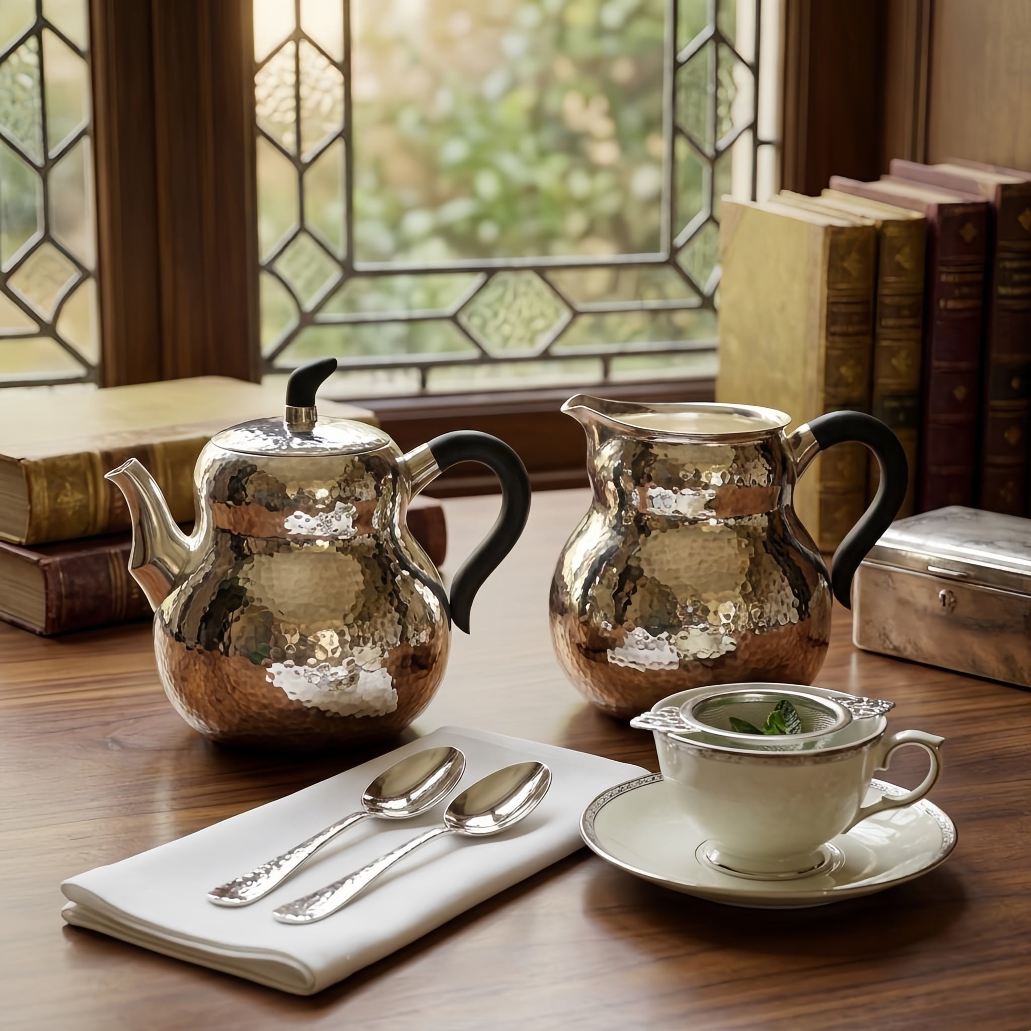 Pure 999 Fine Silver Hand-Hammered Silver Teapot and Creamer Set with Sleek Black Handles and Warm Metallic Accents - Handicraft