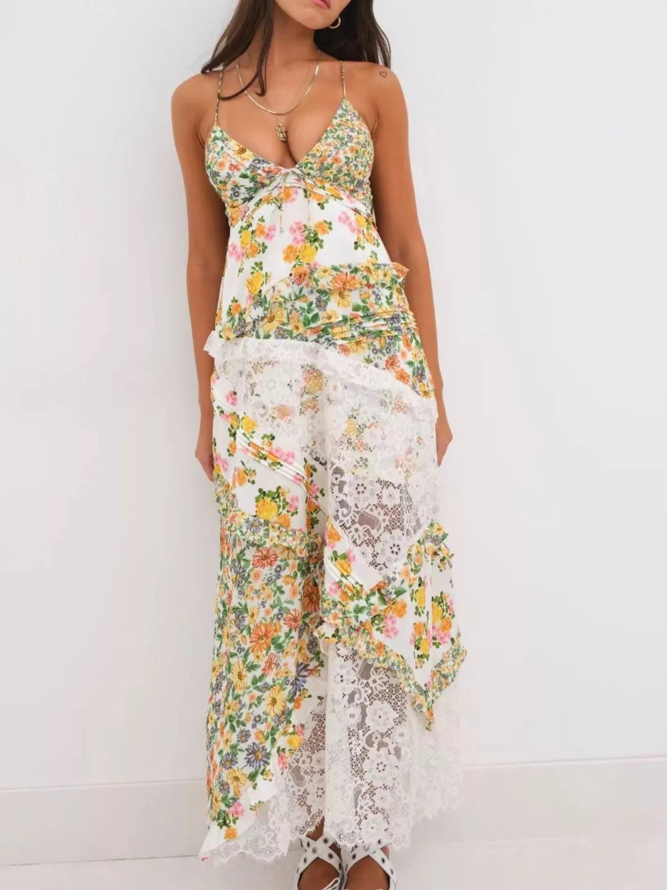 Lace Floral Print Ruffle Trim Maxi Dress