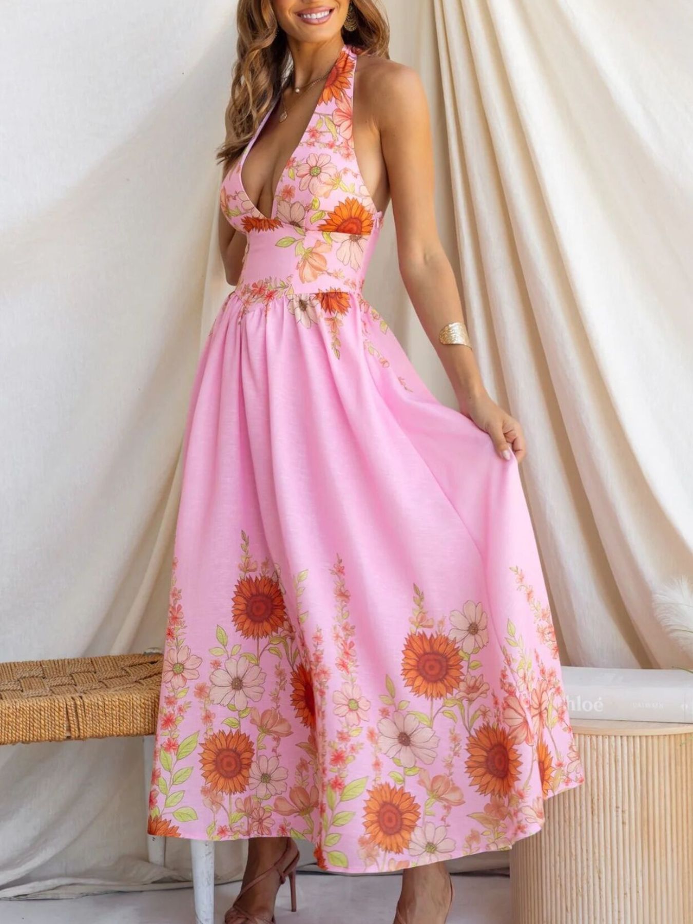 Floral Print Halter Neck Maxi Dress