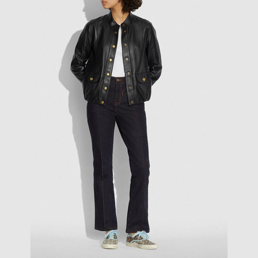 Women’s Black Biker Aviator Sheepskin Shearling Leather Jacket