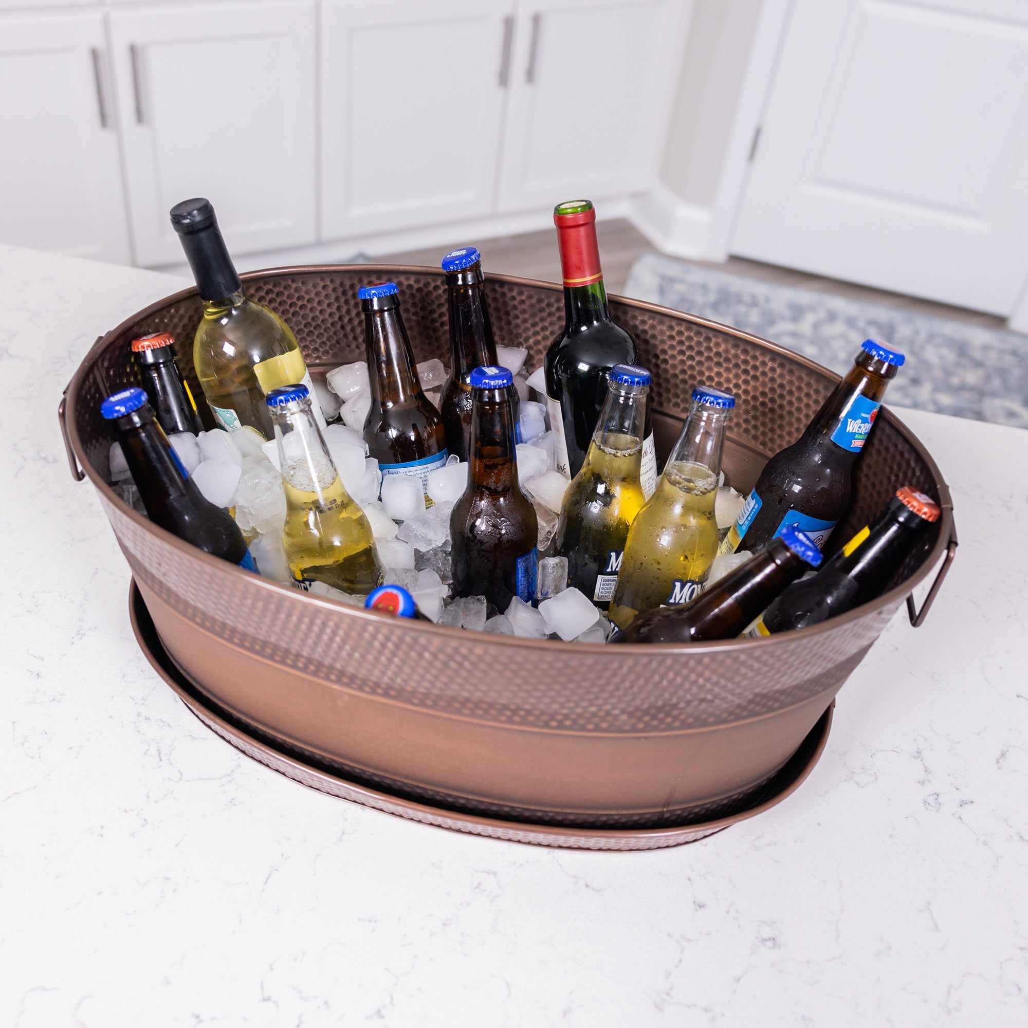 BREKX Aspen Hammered Antique Copper Beverage Tub with Tray | 25-Quart Oval Drink Cooler