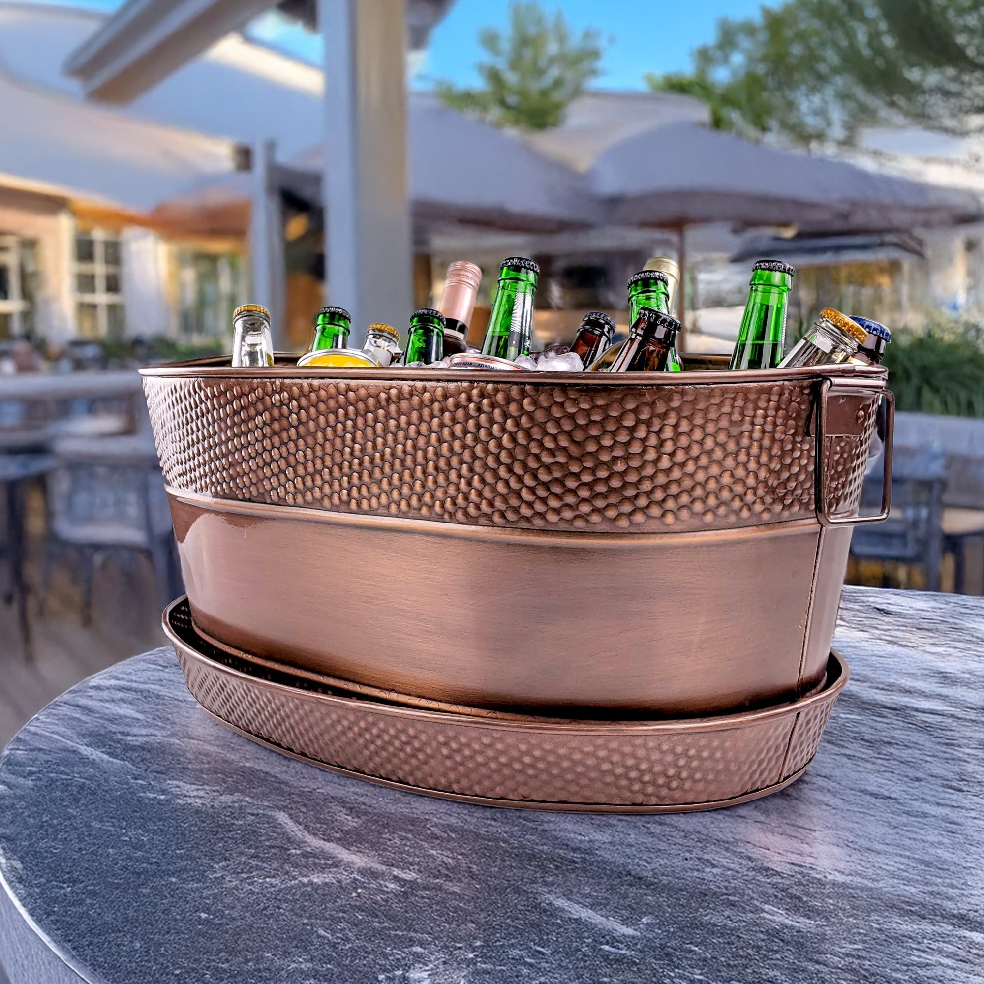 BREKX Aspen Hammered Antique Copper Beverage Tub with Tray | 25-Quart Oval Drink Cooler