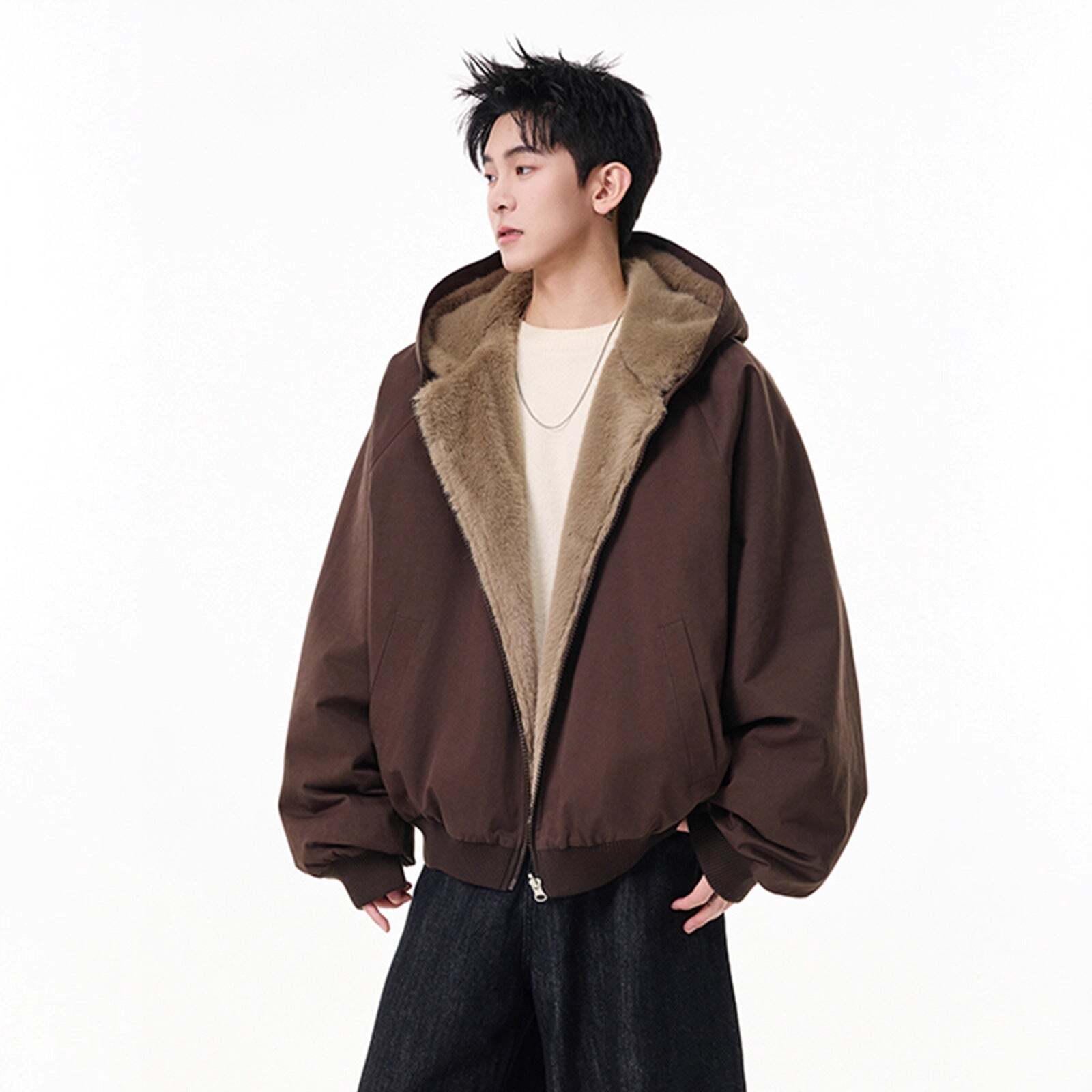 Reversible Faux Rabbit Fur Lined Cotton Coat for Men Winter Fashion Brand Loose Premium Thick Warm Hooded Cotton Jacket