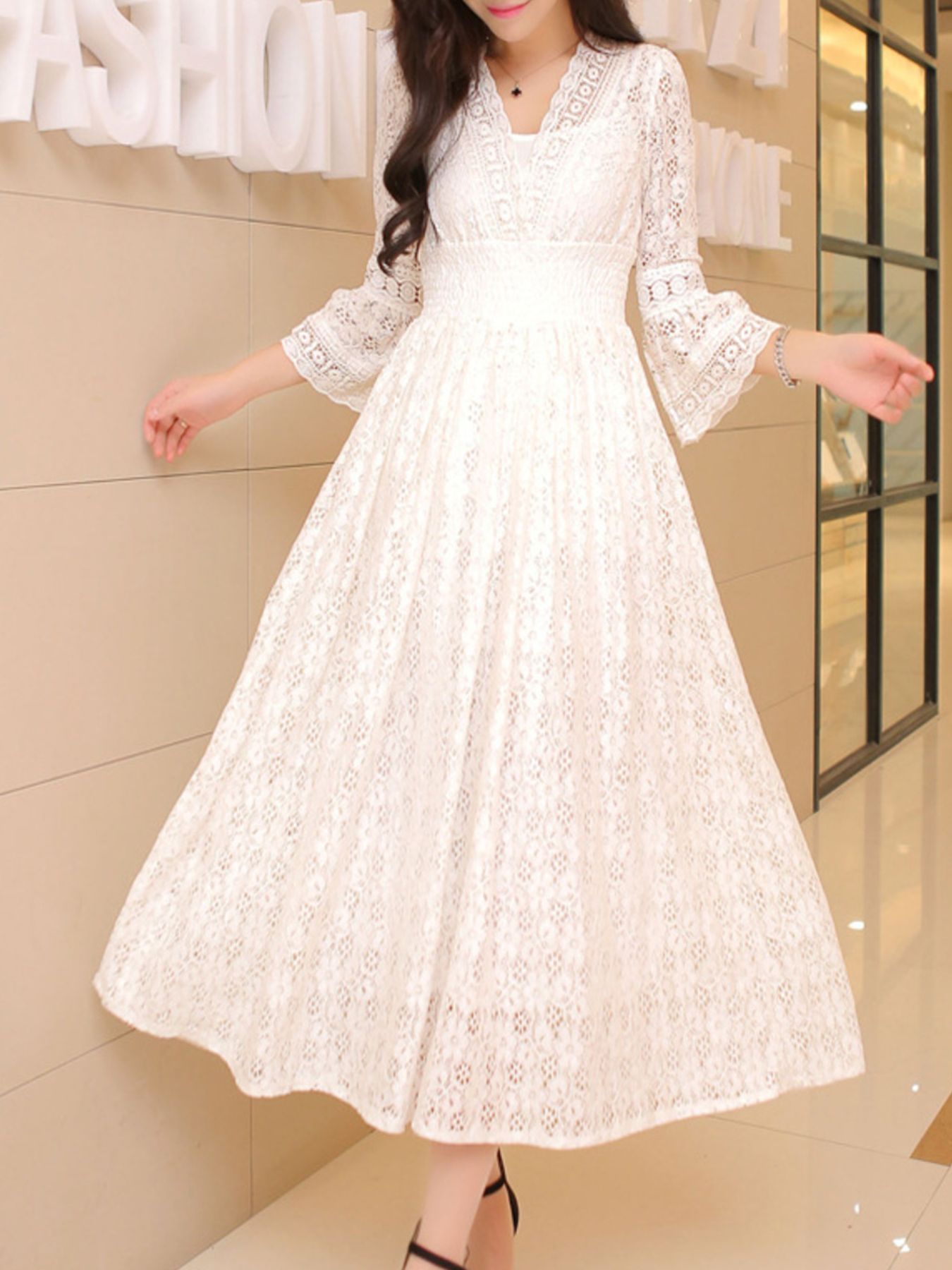 Lace 3/4 Sleeve Midi Dress