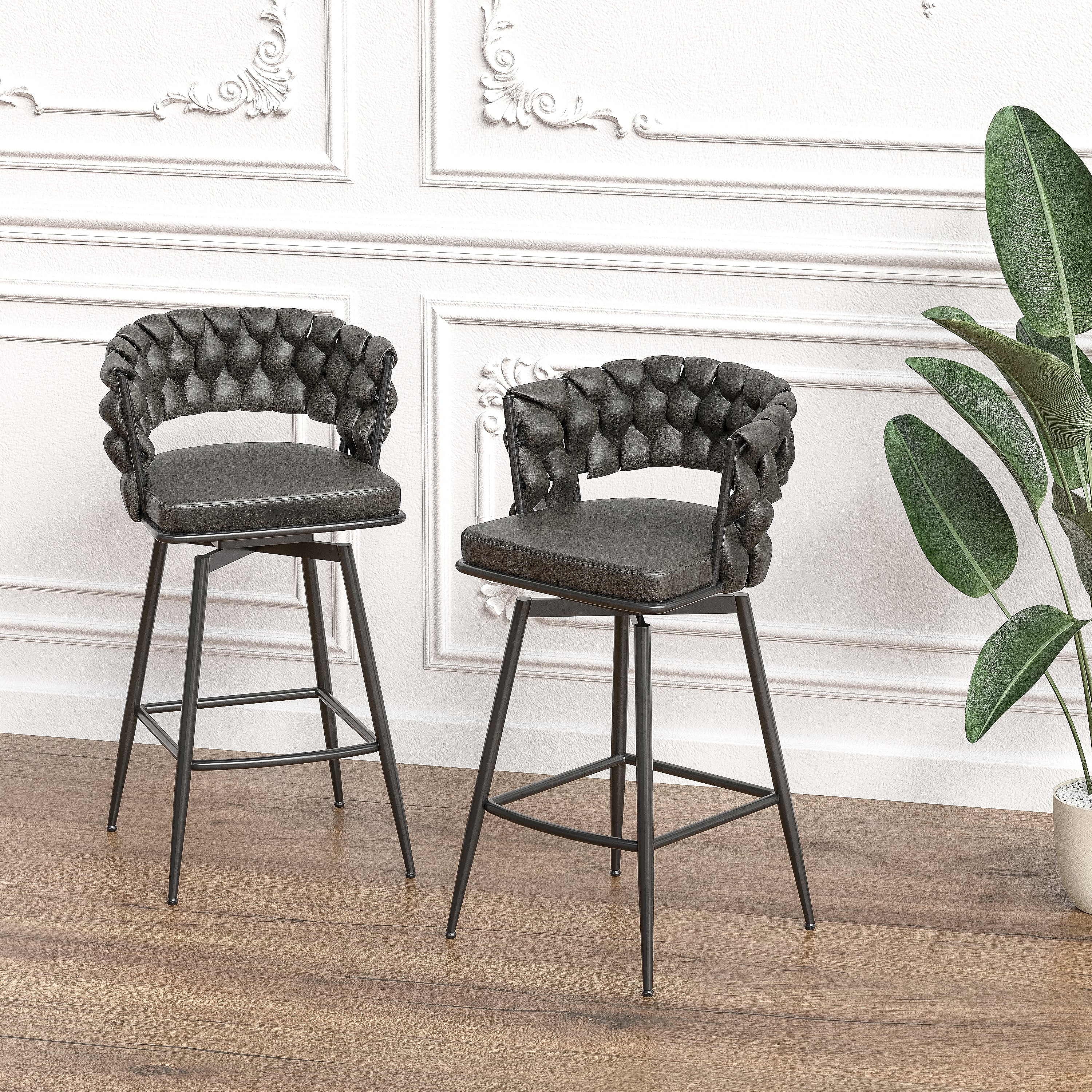 28" Technical Leather Woven Bar Stool Set of 2