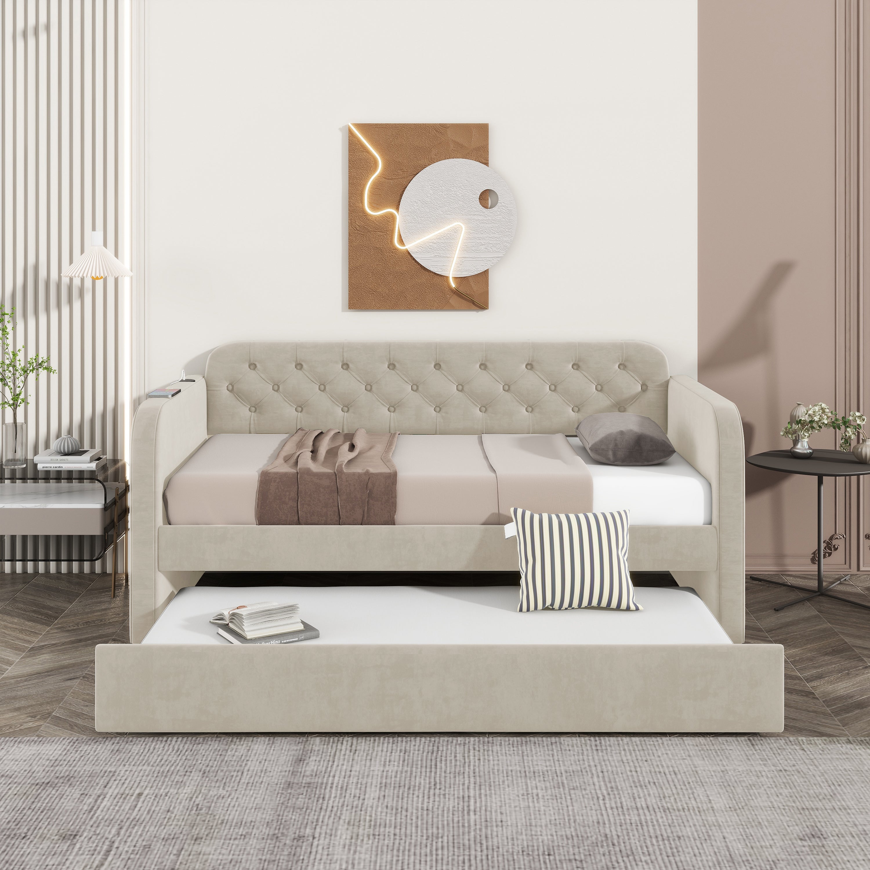 Twin Size Upholstered Daybed with Trundle and USB Charging